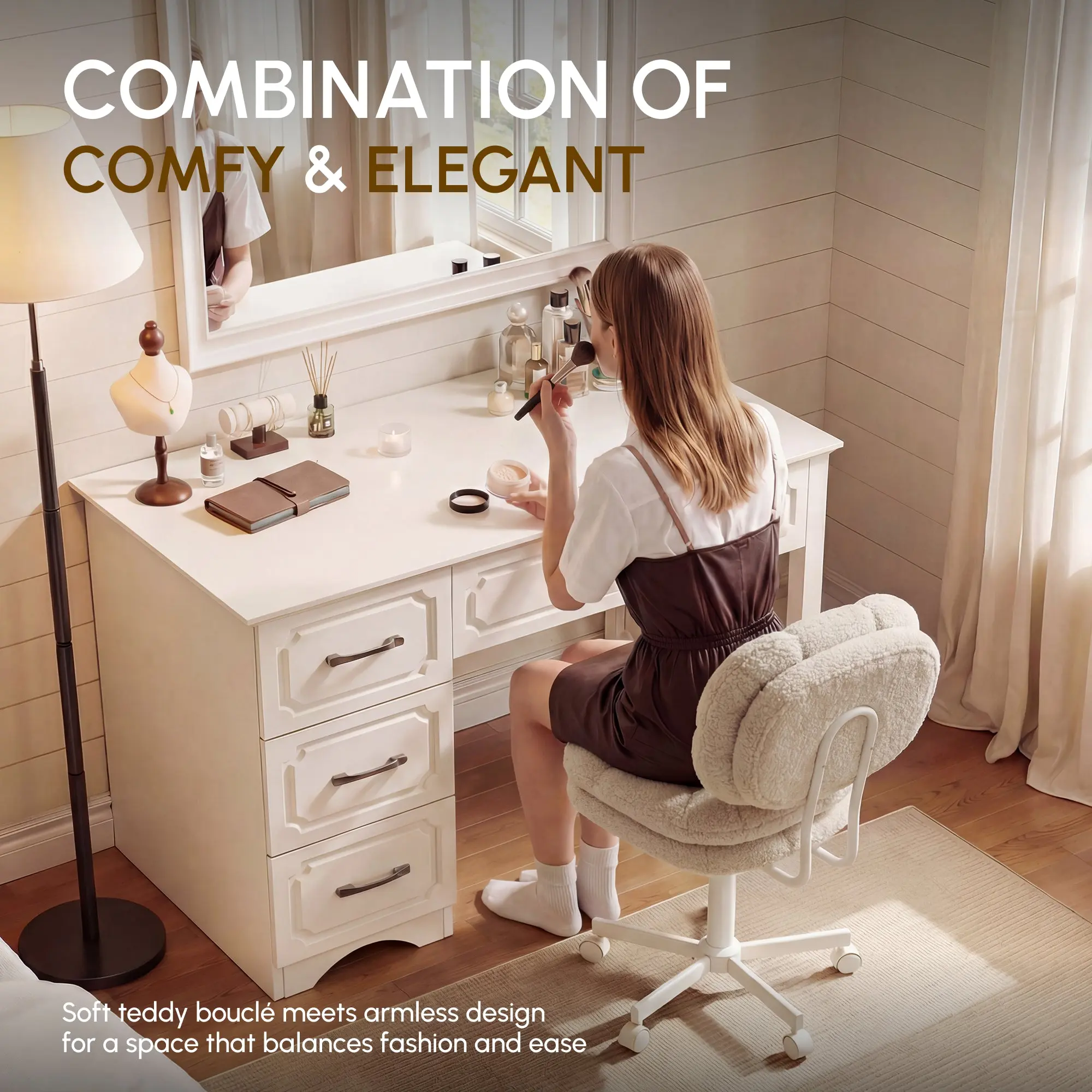 66H6 Cross-Legged Vanity Chair – Effortless Glide - Beige - Image 5