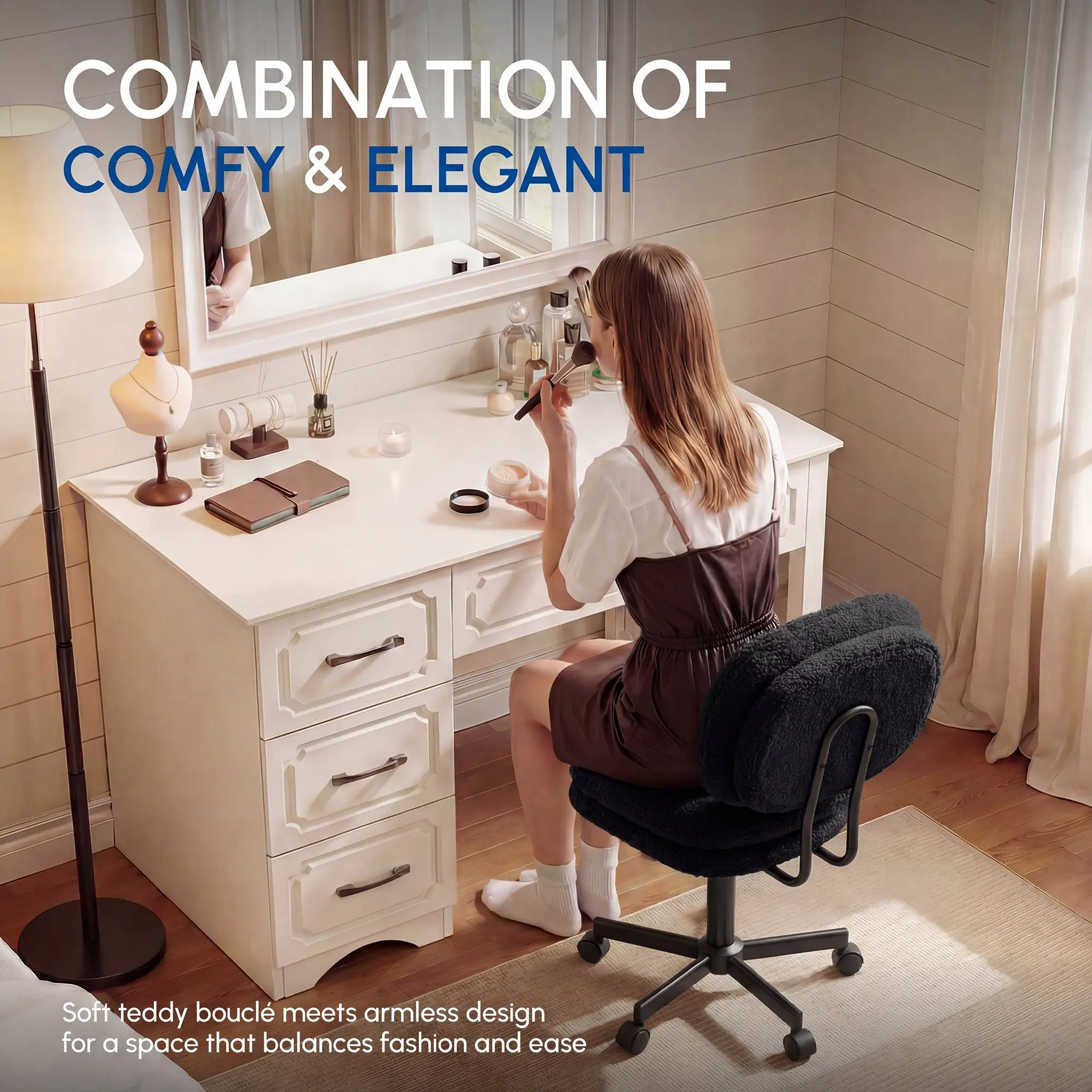 66H6 Cross-Legged Vanity Chair – Effortless Glide- Black - Image 5
