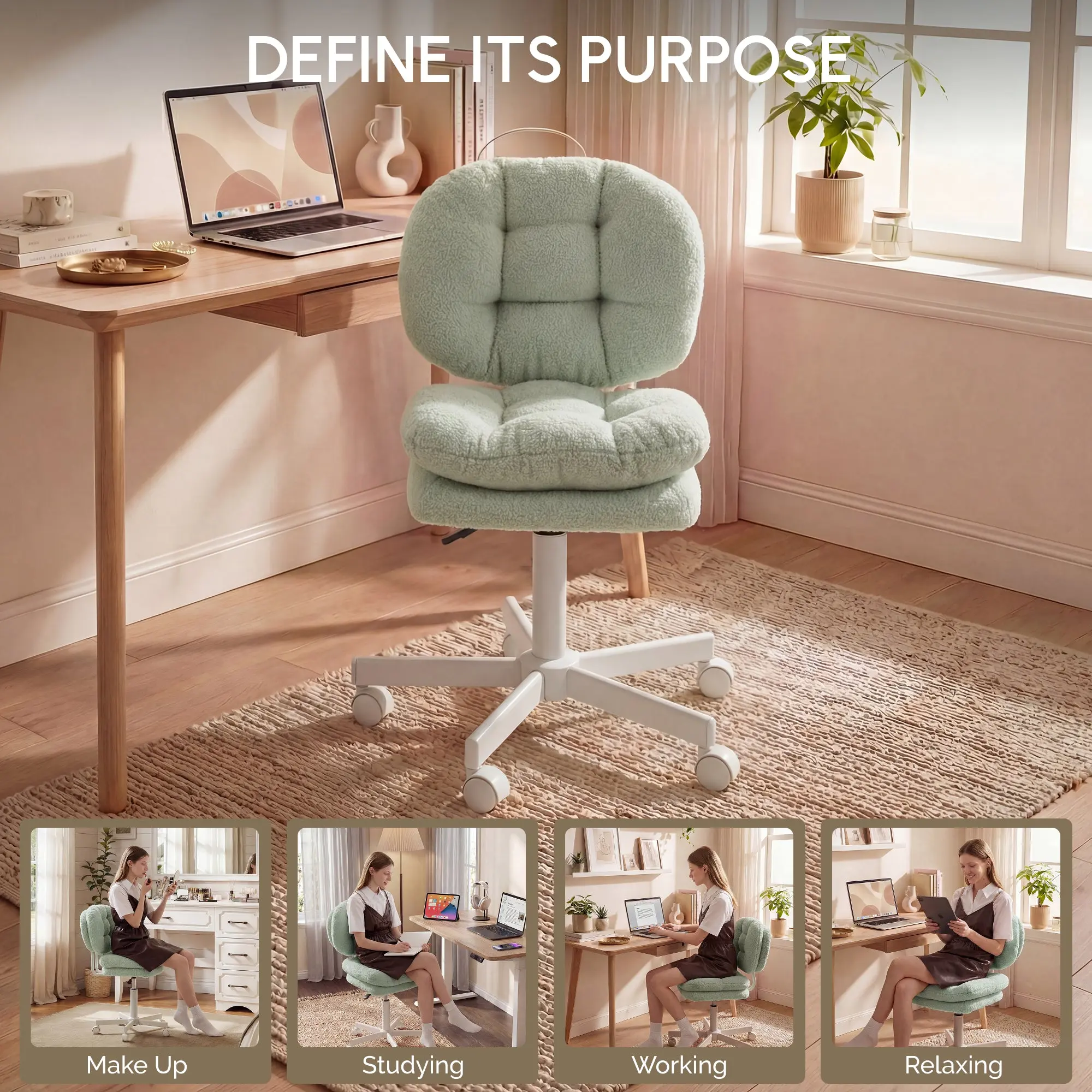 66H6 Cross-Legged Vanity Chair – Effortless Glide - Green[EAN 6935532625169] - Image 7
