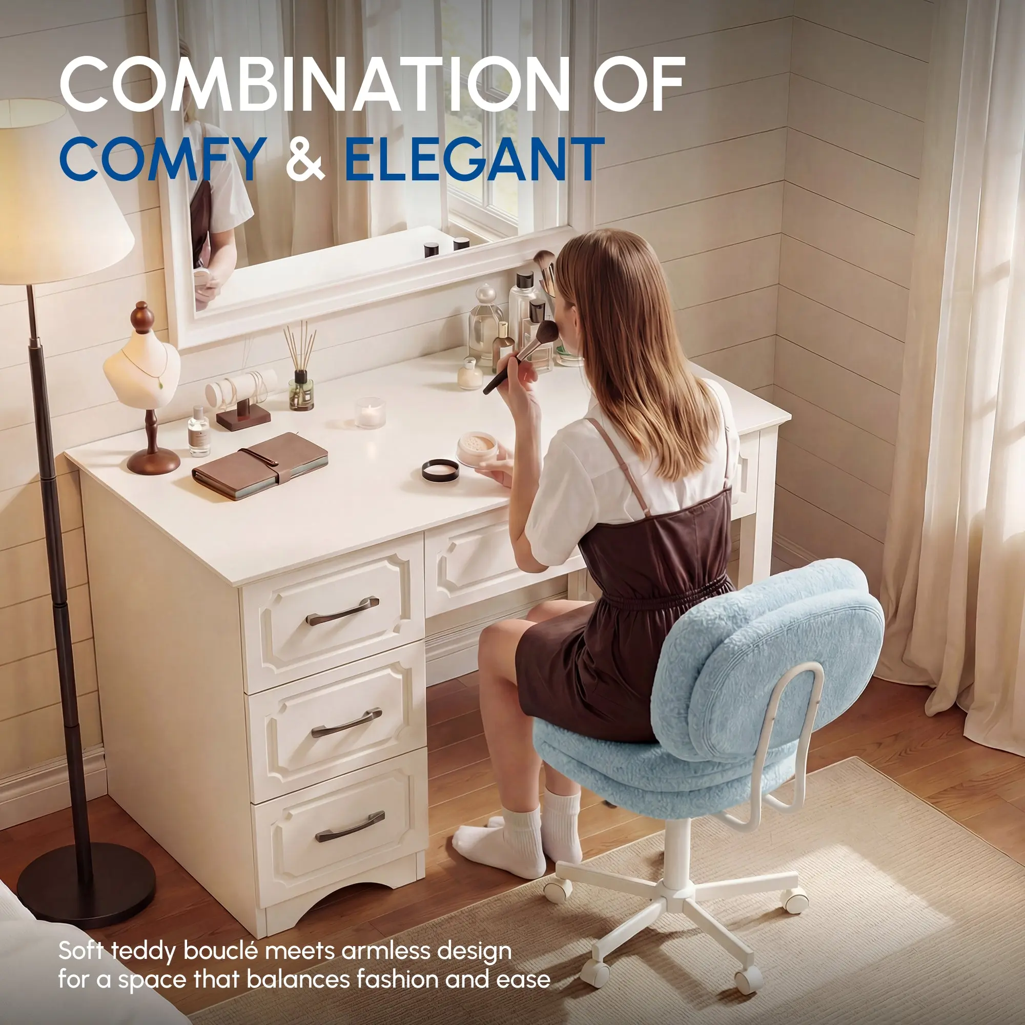 66H6 Cross-Legged Vanity Chair – Effortless Glide - Light Blue - Image 5