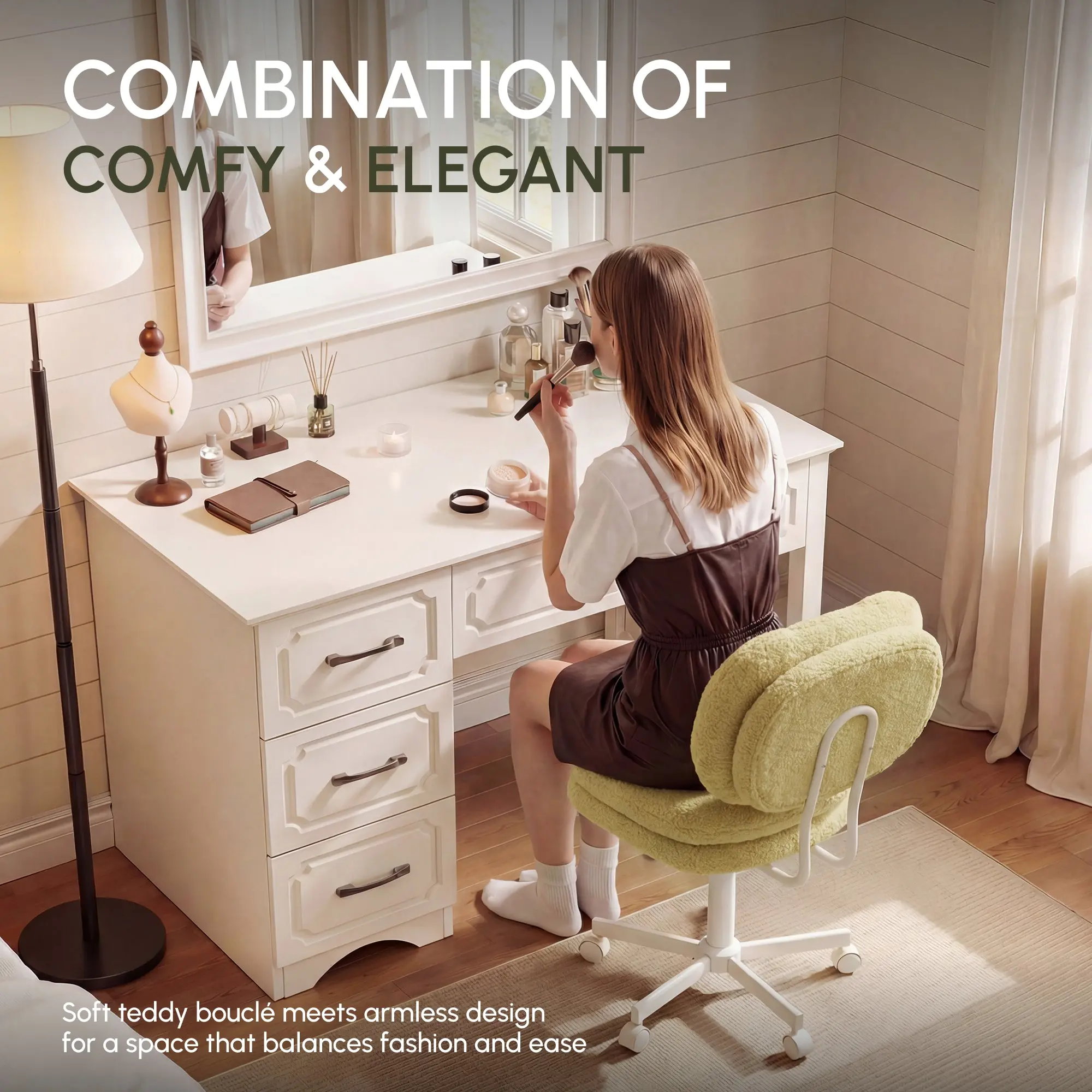 66H6 Cross-Legged Vanity Chair – Effortless Glide - Grass Green - Image 5