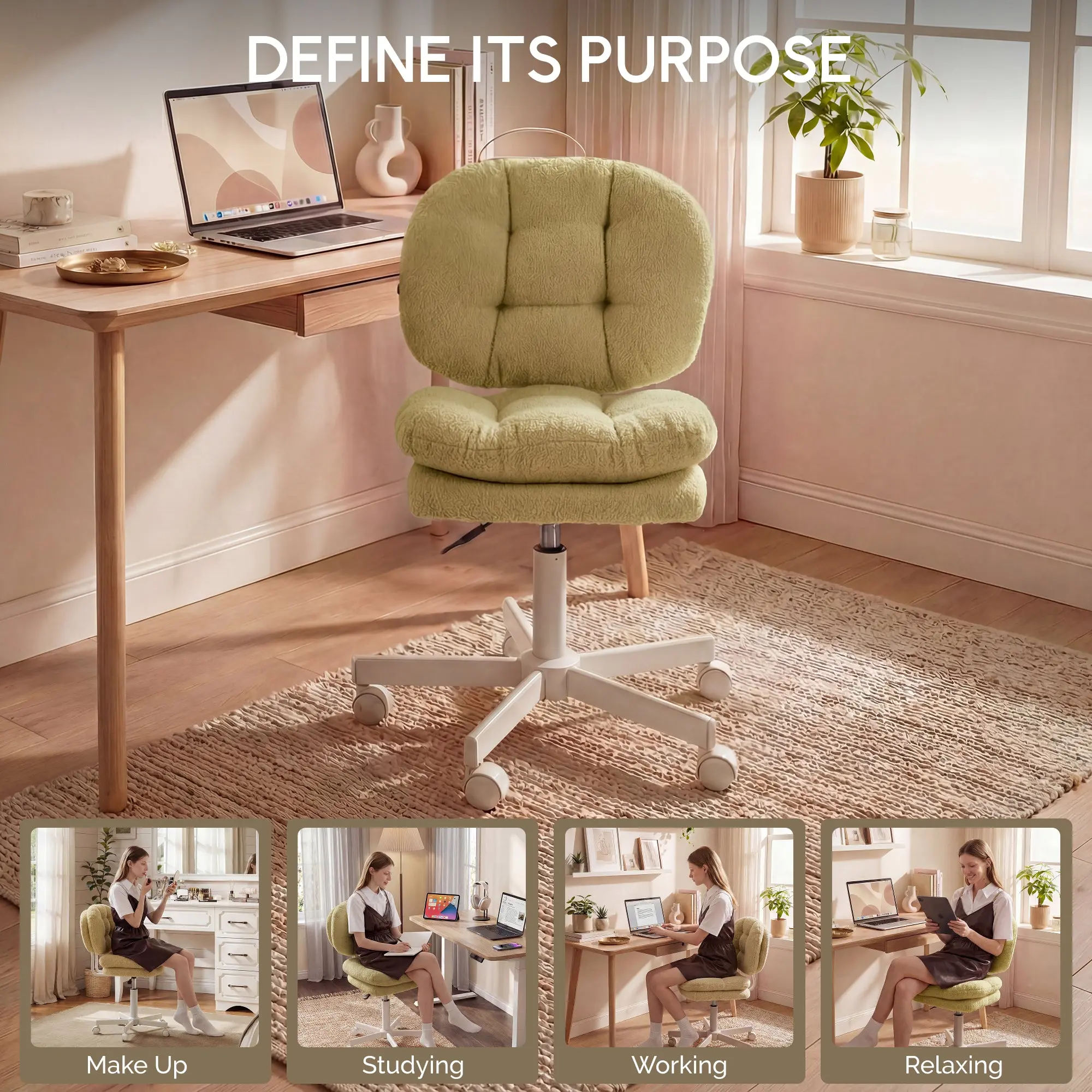 66H6 Cross-Legged Vanity Chair – Effortless Glide - Grass Green - Image 7