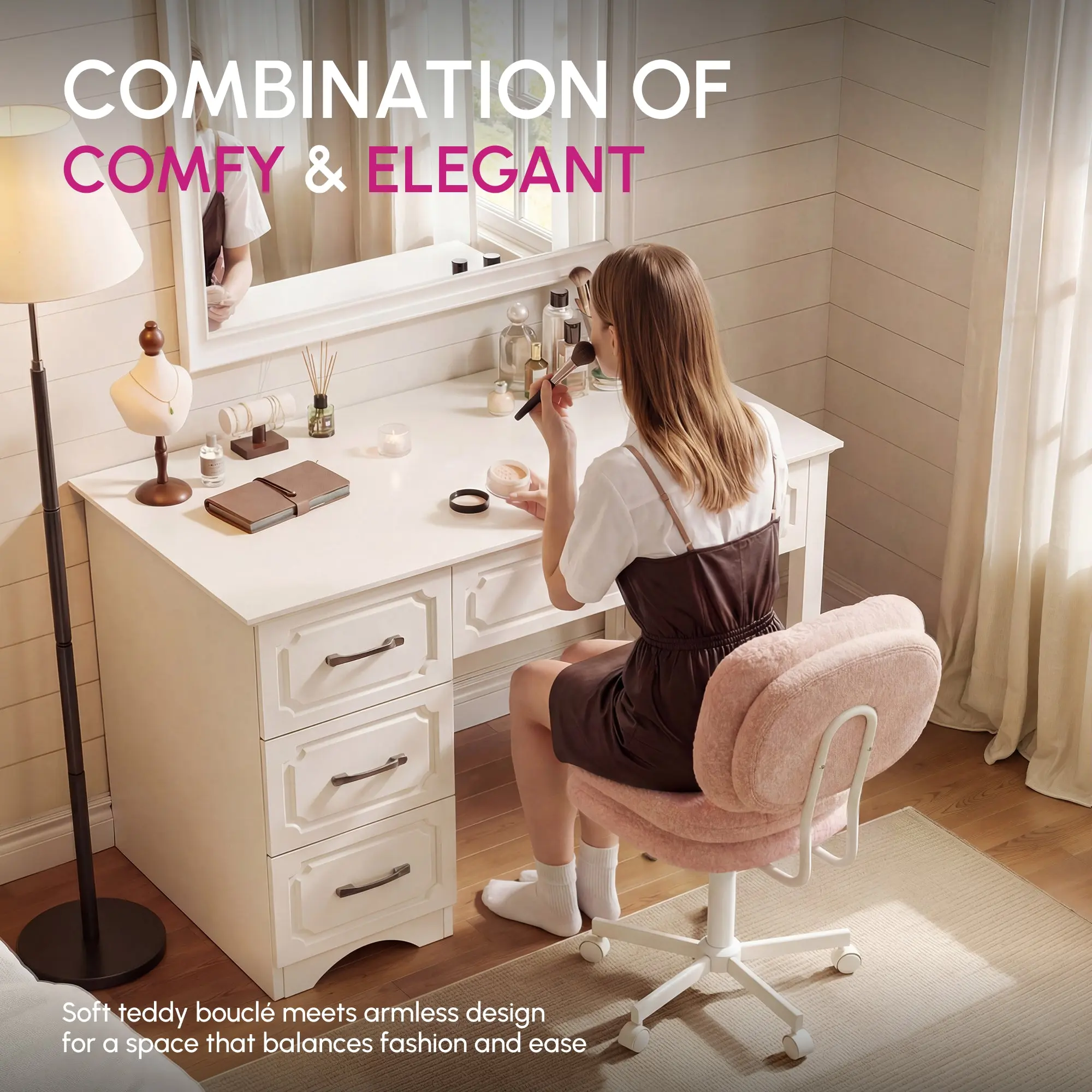 66H6 Cross-Legged Vanity Chair – Effortless Glide - Light Pink - Image 5