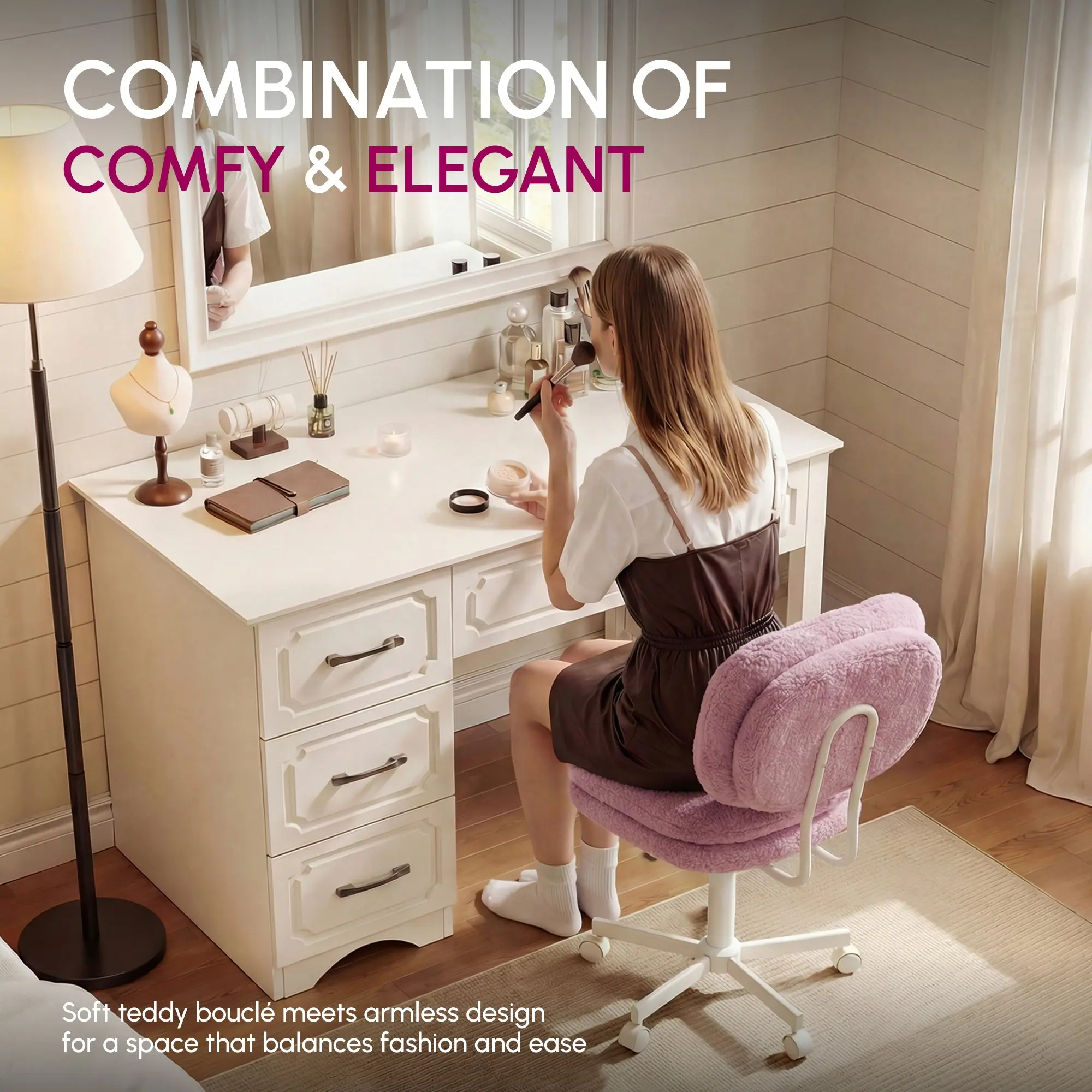 66H6 Cross-Legged Vanity Chair – Effortless Glide - Mauve Pink - Image 5