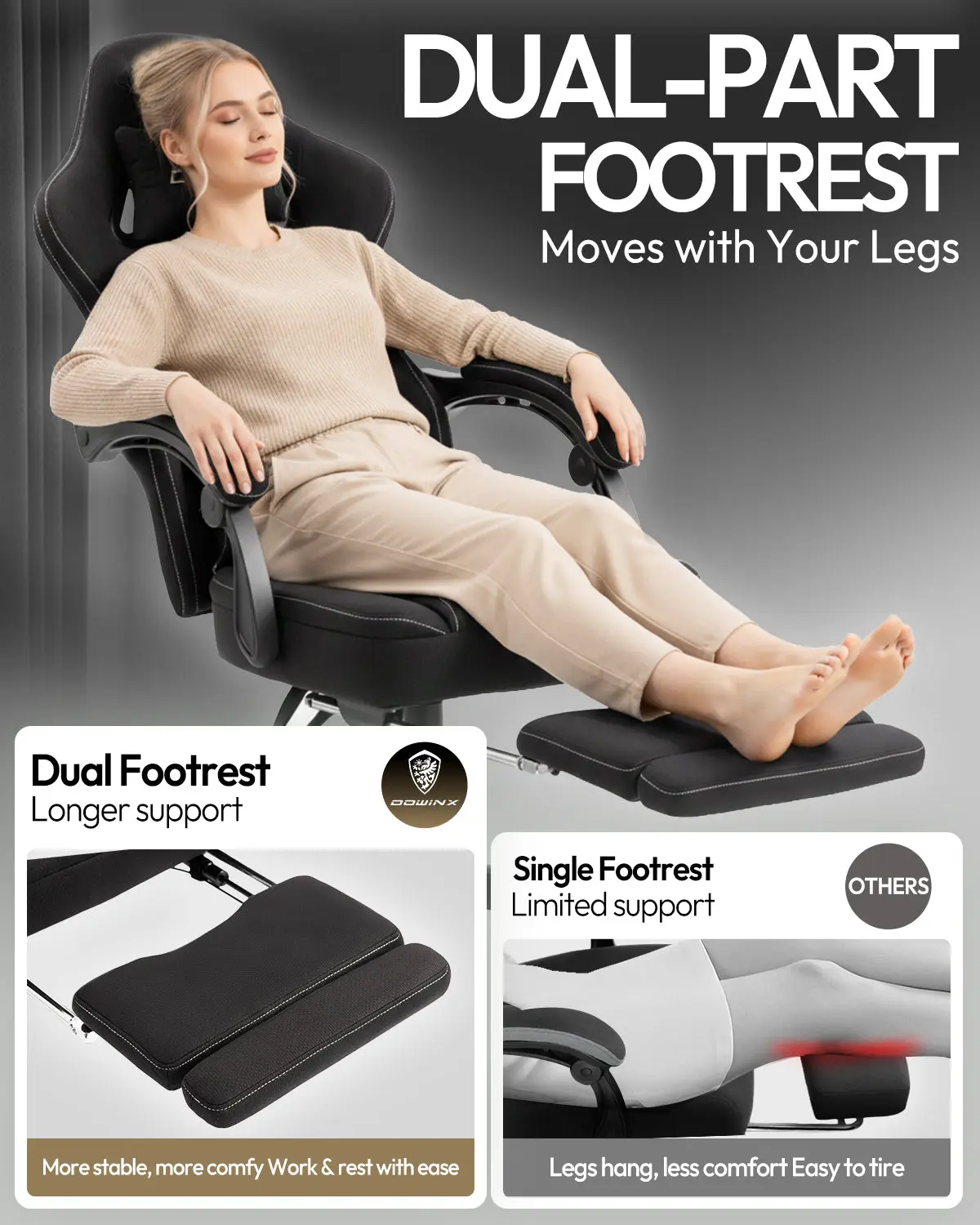 Dowinx Extended Footrest Gaming Chair - 6657E Black - Image 3
