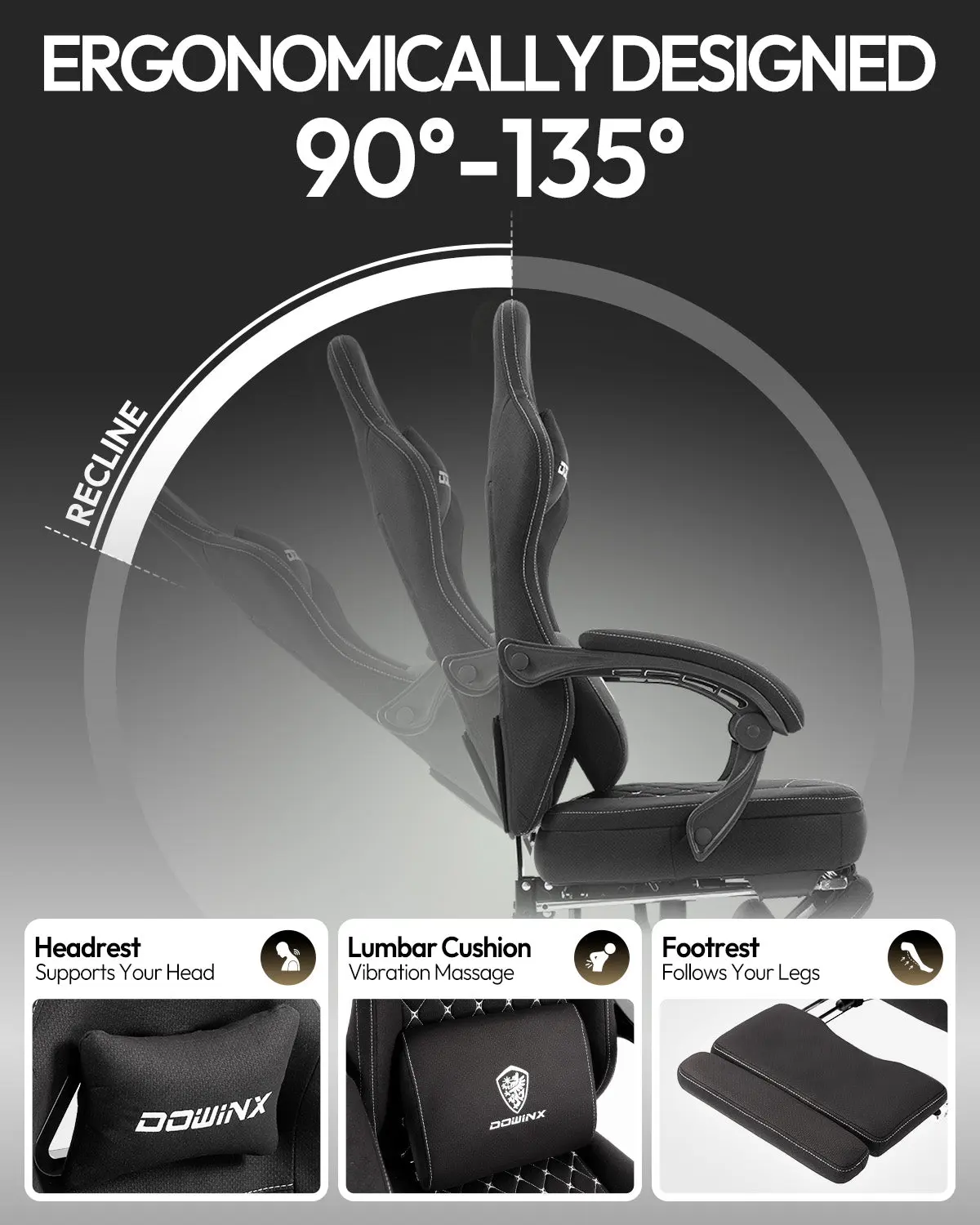 Dowinx Extended Footrest Gaming Chair - 6657E Black - Image 5