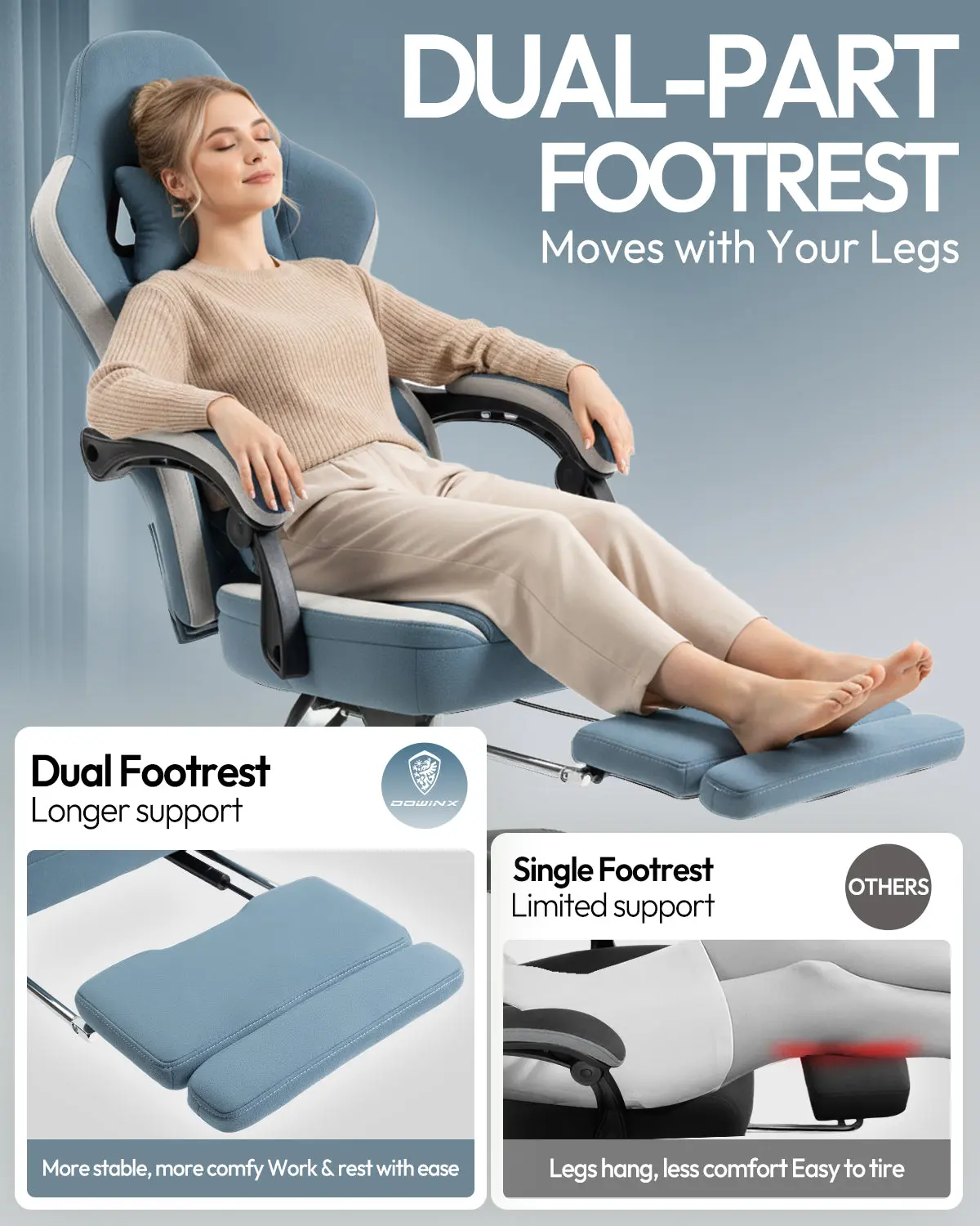 Dowinx Extended Footrest Gaming Chair - 6657E Blue - Image 3