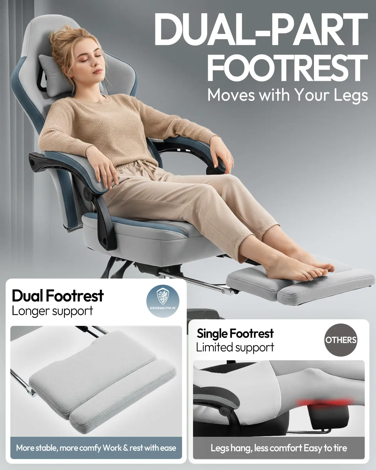 Dowinx Extended Footrest Gaming Chair - 6657E Gray - Image 4