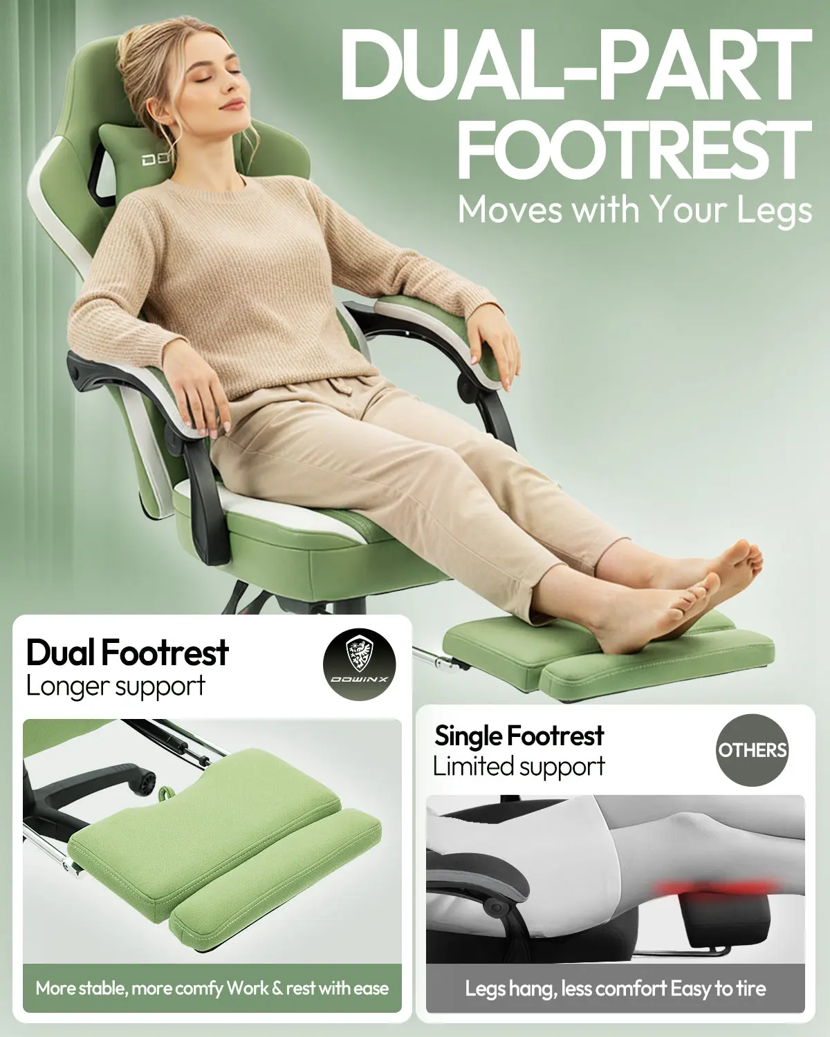 Dowinx Extended Footrest Gaming Chair - 6657E Green - Image 4