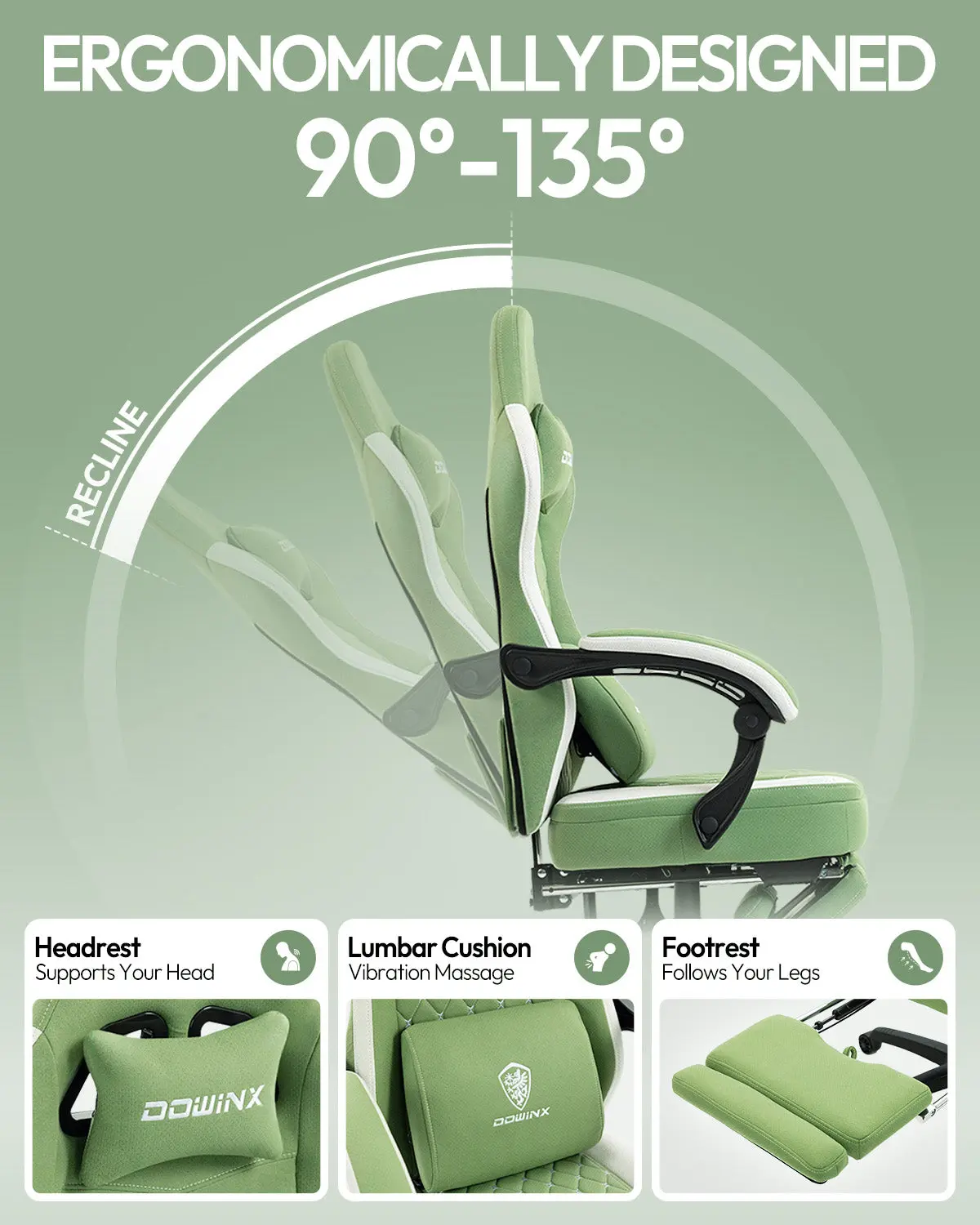 Dowinx Extended Footrest Gaming Chair - 6657E Green - Image 6