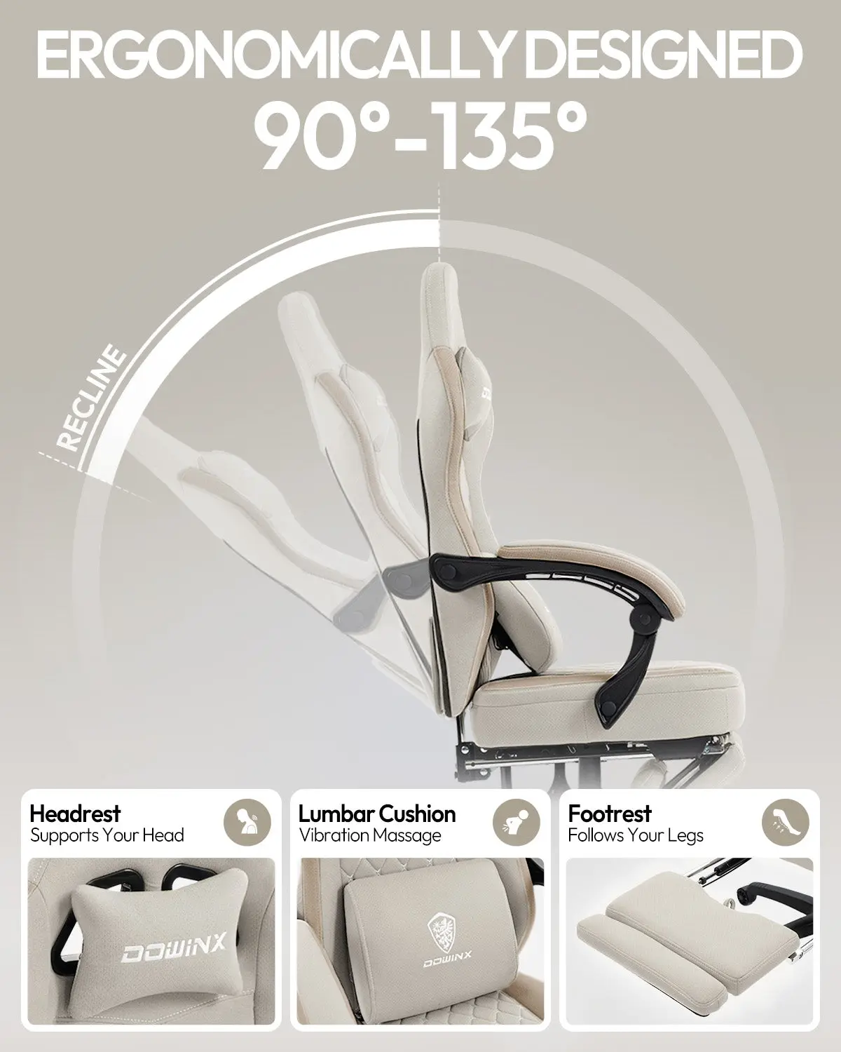 Dowinx Extended Footrest Gaming Chair - 6657E Lvory - Image 5