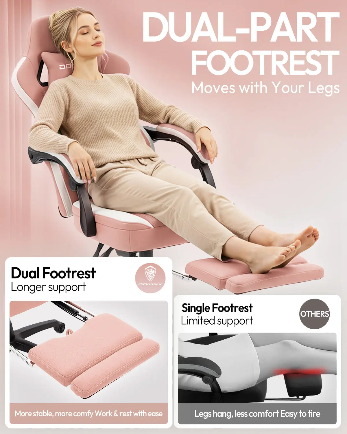 Dowinx Extended Footrest Gaming Chair - 6657E Pink - Image 4