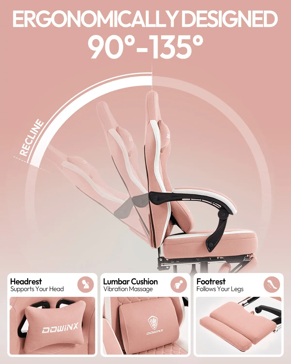 Dowinx Extended Footrest Gaming Chair - 6657E Pink - Image 6