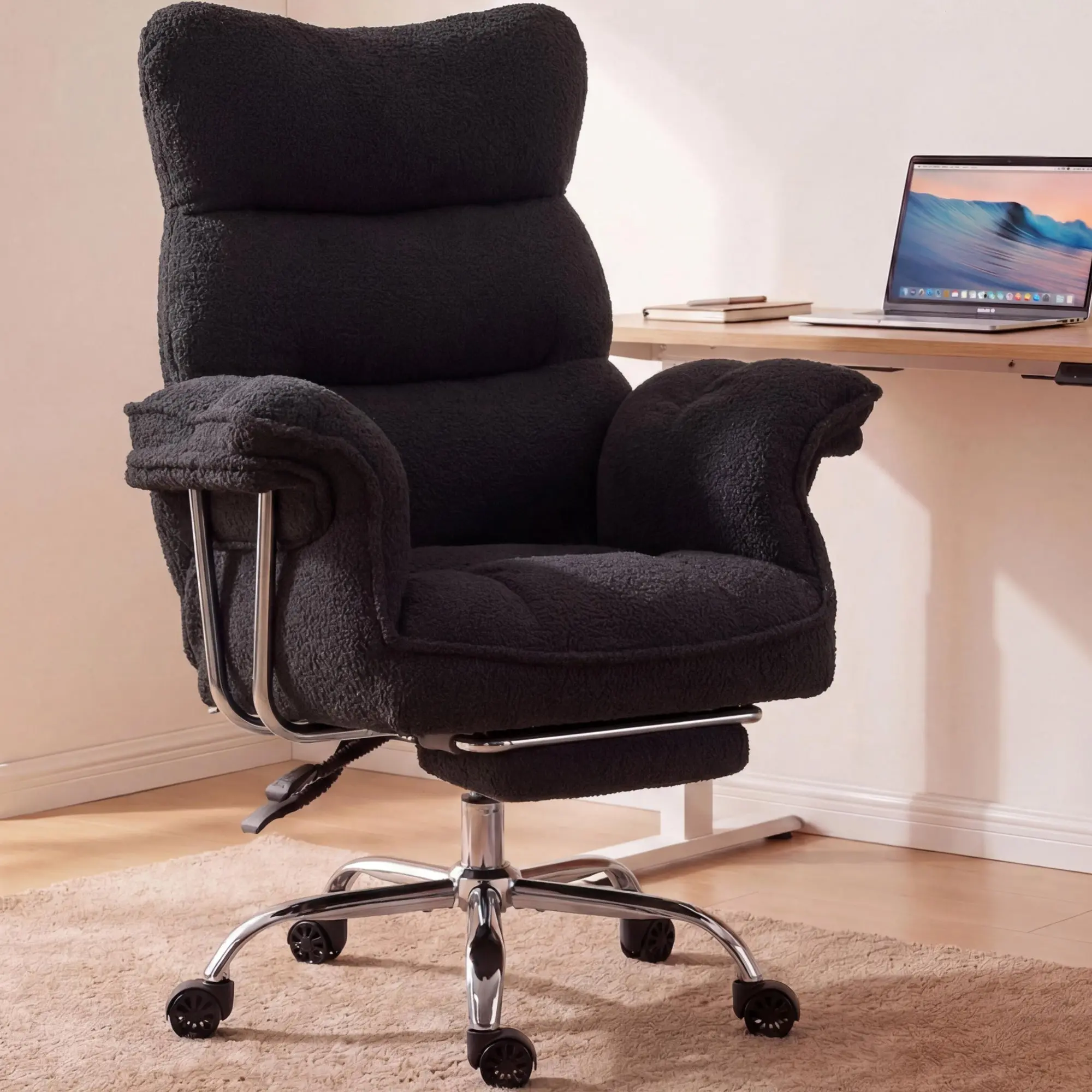 Dowinx 66B7 Big & Tall Office Chair with Footrest, Teddy Fabric Ergonomic Recliner - Black - Image 2