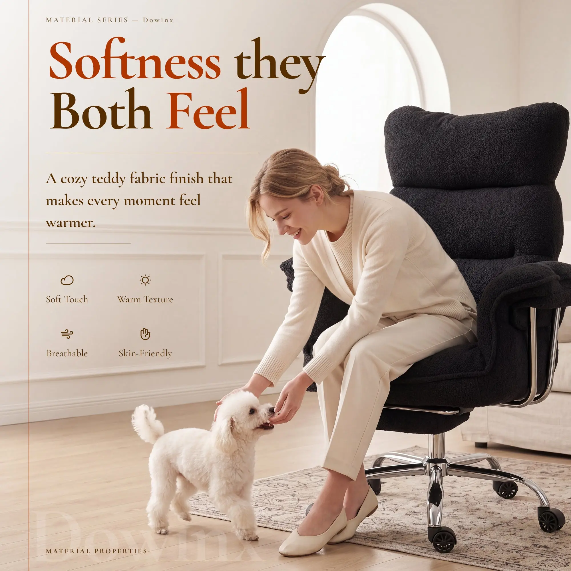 Dowinx 66B7 Big & Tall Office Chair with Footrest, Teddy Fabric Ergonomic Recliner - Black - Image 3