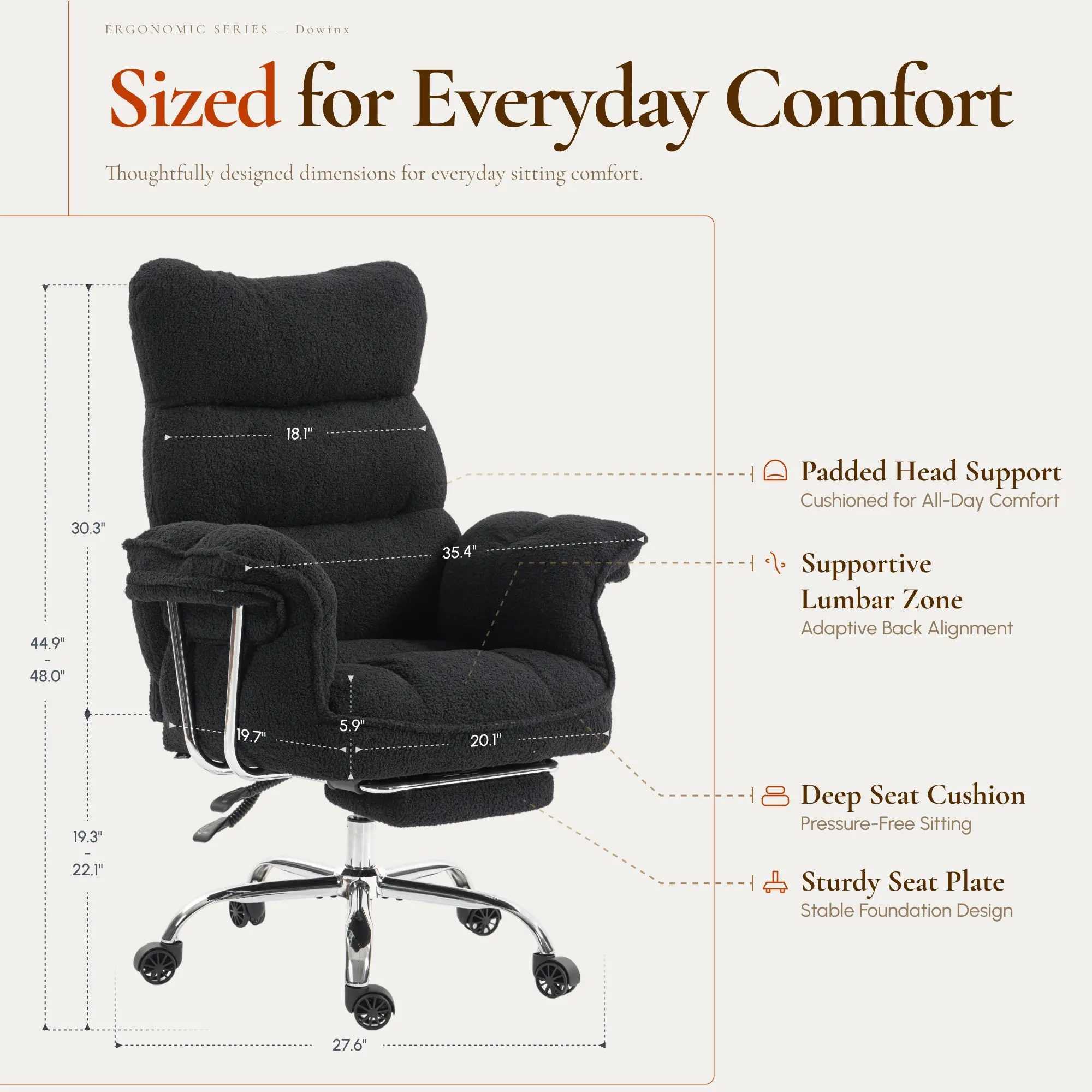 Dowinx 66B7 Big & Tall Office Chair with Footrest, Teddy Fabric Ergonomic Recliner - Black - Image 8