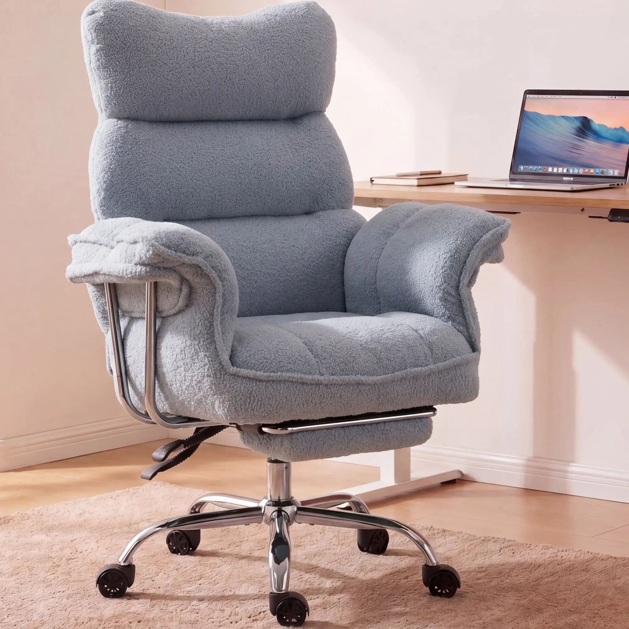 Dowinx 66B7 Big & Tall Office Chair with Footrest, Teddy Fabric Ergonomic Recliner - Blue - Image 2