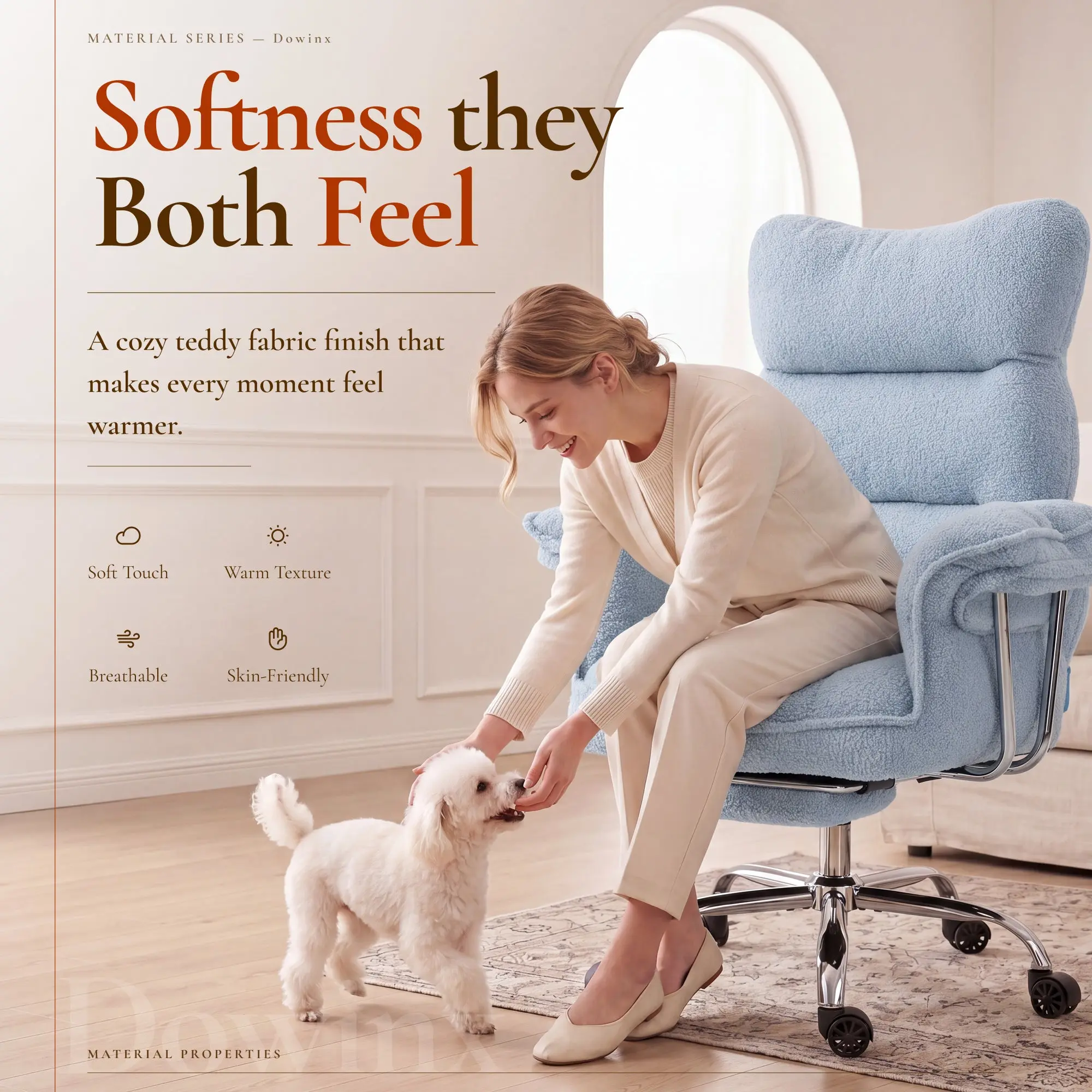 Dowinx 66B7 Big & Tall Office Chair with Footrest, Teddy Fabric Ergonomic Recliner - Blue - Image 3