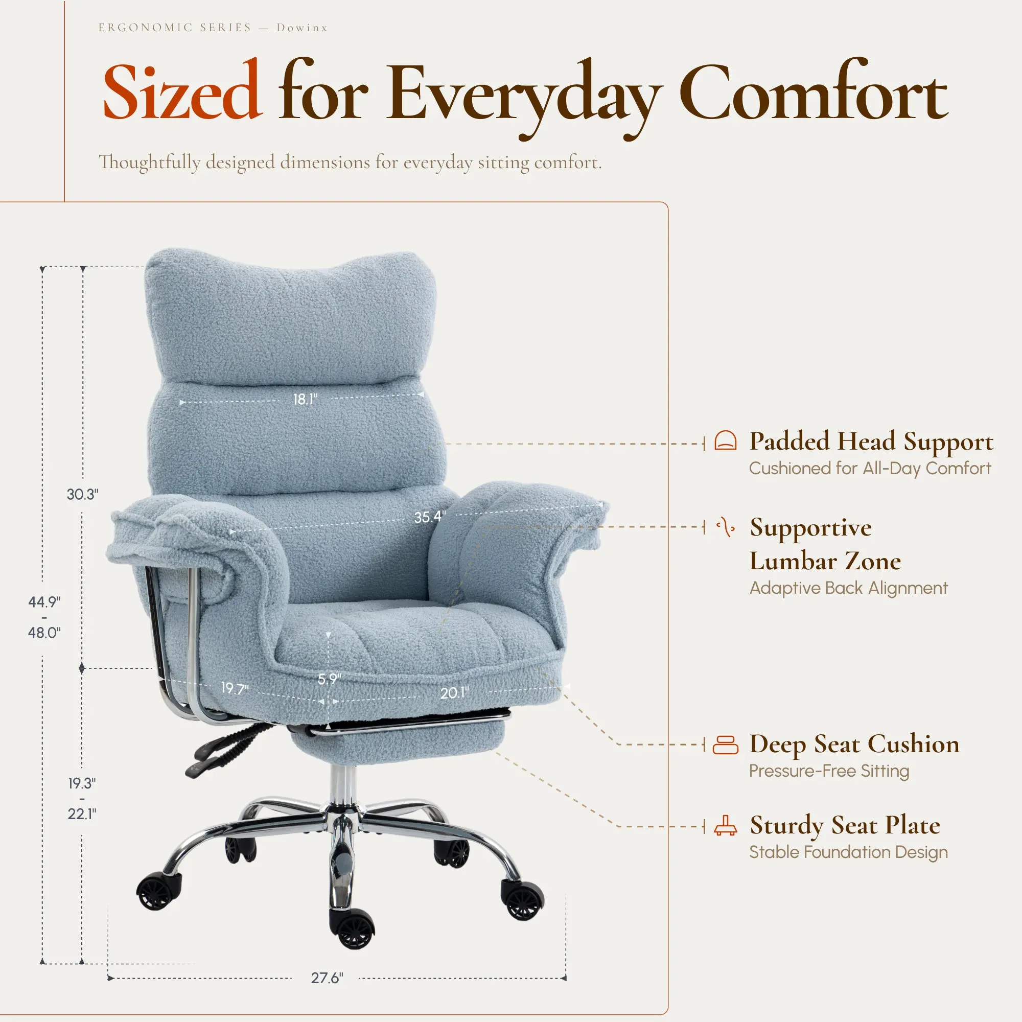 Dowinx 66B7 Big & Tall Office Chair with Footrest, Teddy Fabric Ergonomic Recliner - Blue - Image 8