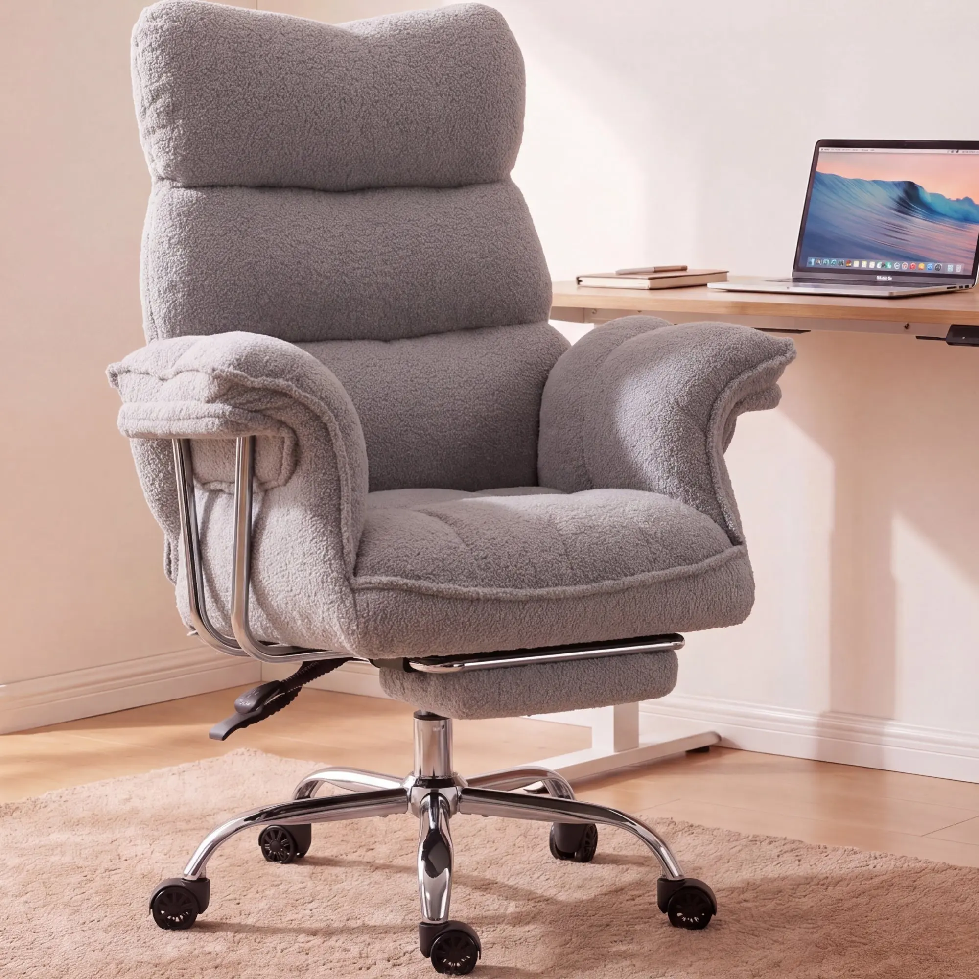 Dowinx 66B7 Big & Tall Office Chair with Footrest, Teddy Fabric Ergonomic Recliner - Grey - Image 2