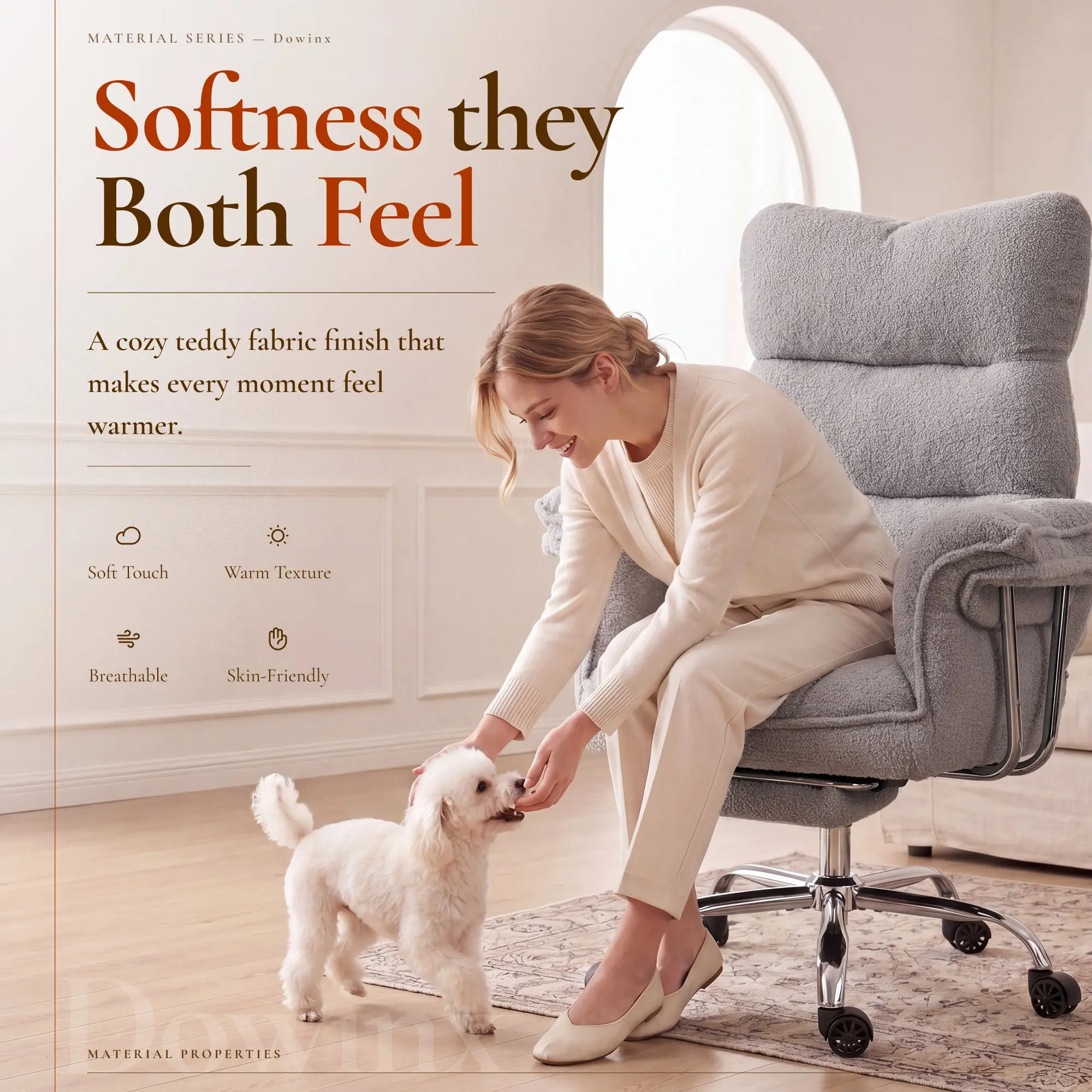 Dowinx 66B7 Big & Tall Office Chair with Footrest, Teddy Fabric Ergonomic Recliner - Grey - Image 3