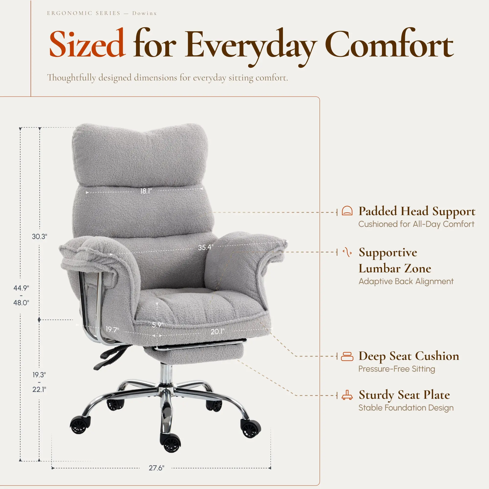 Dowinx 66B7 Big & Tall Office Chair with Footrest, Teddy Fabric Ergonomic Recliner - Grey - Image 8