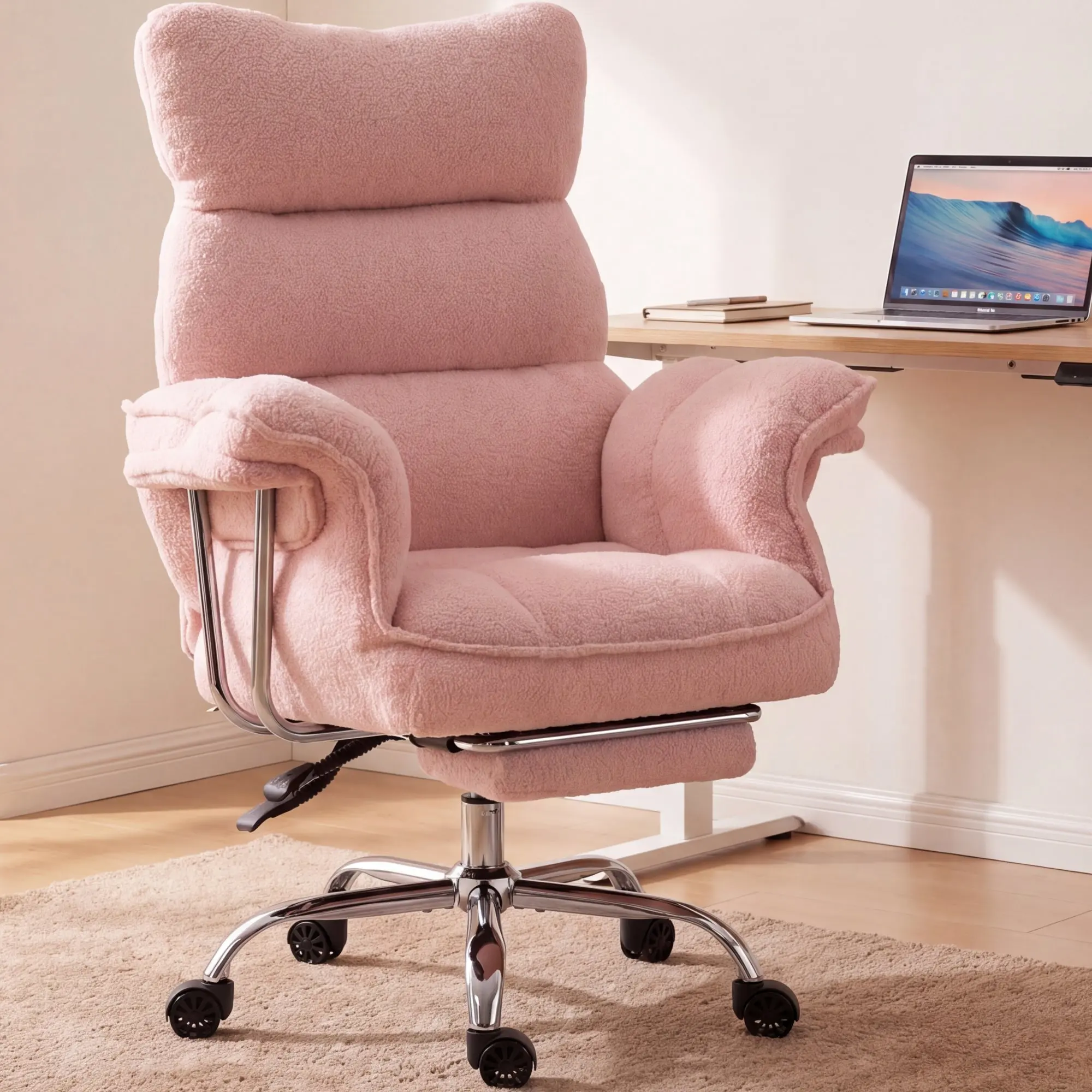 Dowinx 66B7 Big & Tall Office Chair with Footrest, Teddy Fabric Ergonomic Recliner - Pink - Image 2