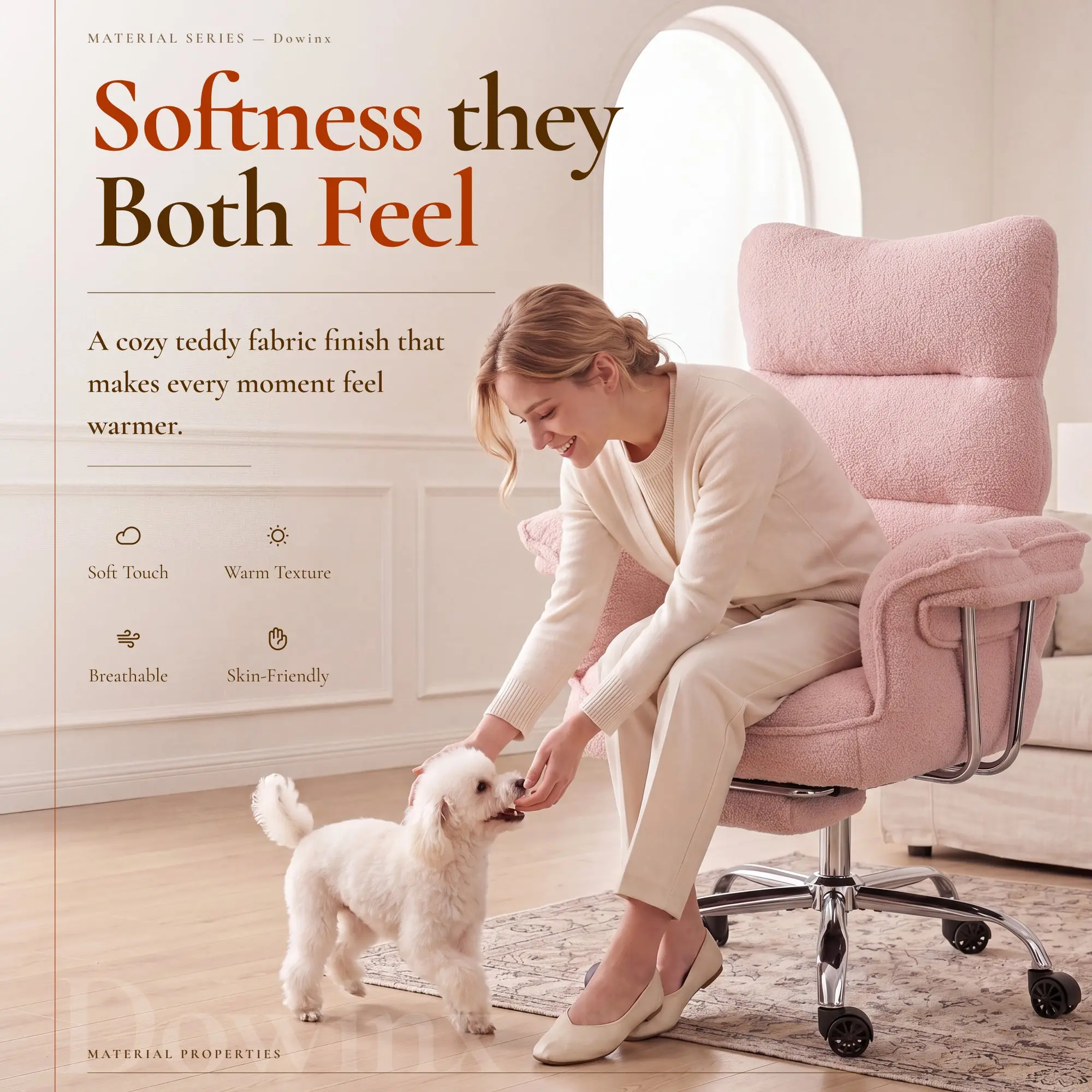 Dowinx 66B7 Big & Tall Office Chair with Footrest, Teddy Fabric Ergonomic Recliner - Pink - Image 3
