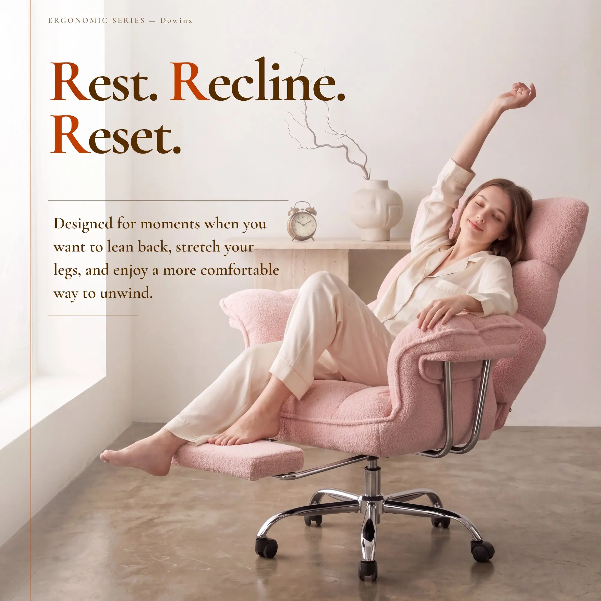 Dowinx 66B7 Big & Tall Office Chair with Footrest, Teddy Fabric Ergonomic Recliner - Pink - Image 4