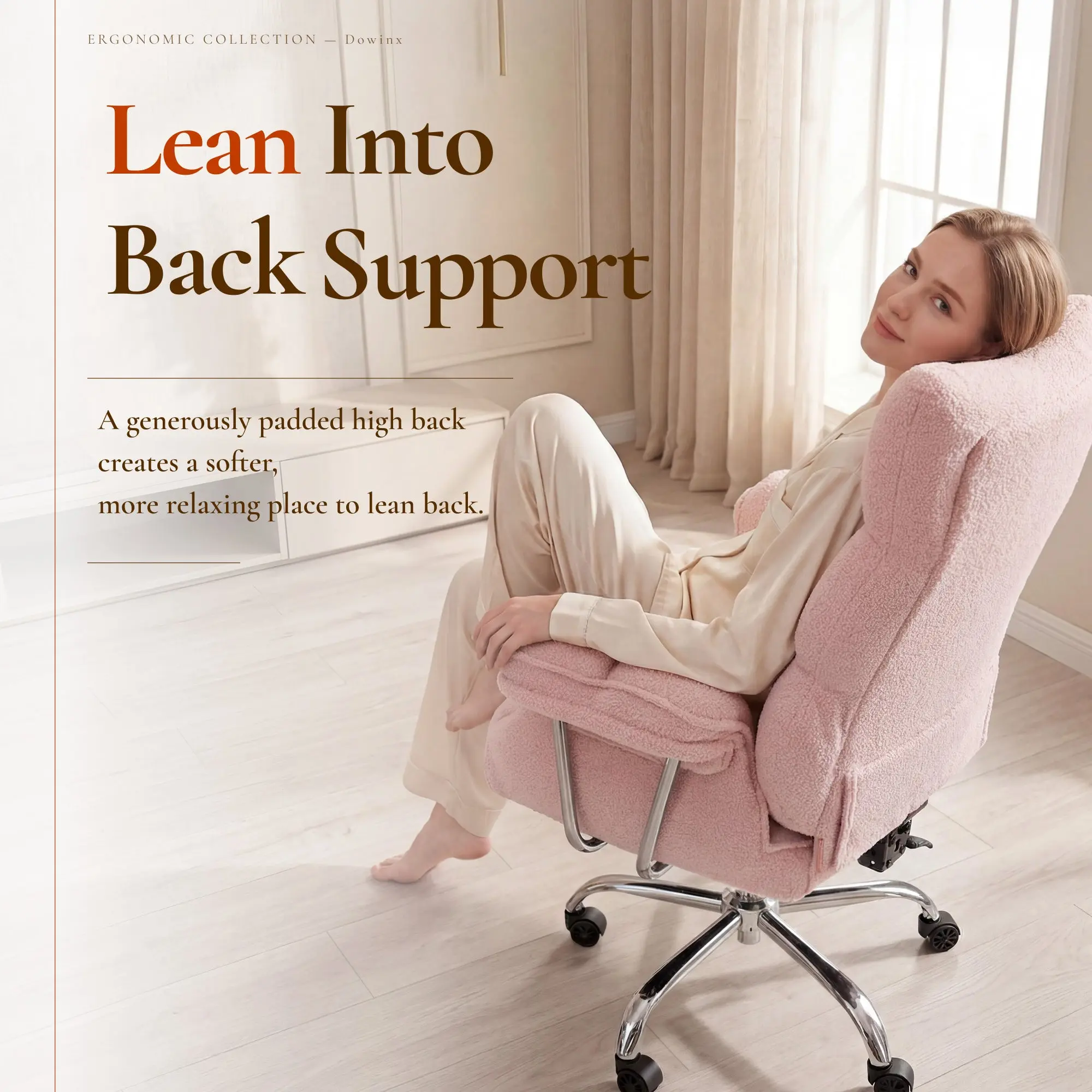 Dowinx 66B7 Big & Tall Office Chair with Footrest, Teddy Fabric Ergonomic Recliner - Pink - Image 5