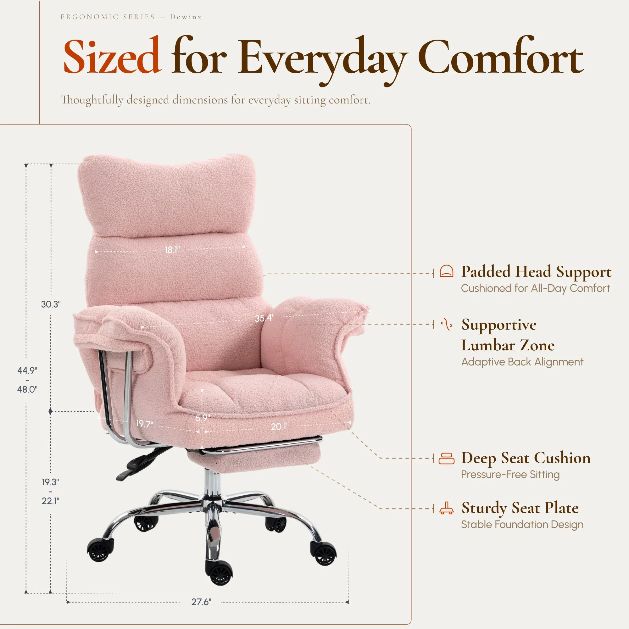 Dowinx 66B7 Big & Tall Office Chair with Footrest, Teddy Fabric Ergonomic Recliner - Pink - Image 8