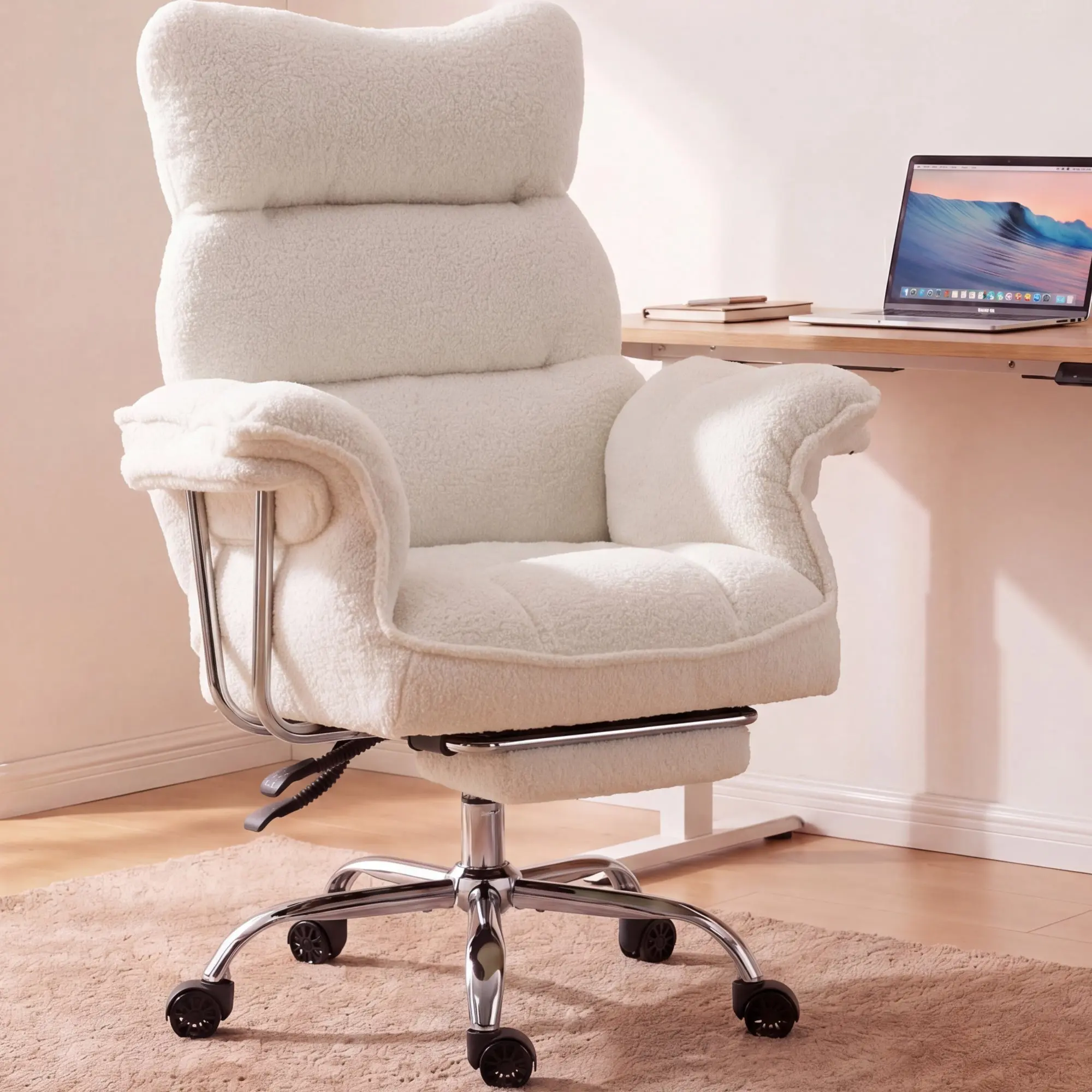 Dowinx 66B7 Big & Tall Office Chair with Footrest, Teddy Fabric Ergonomic Recliner - White - Image 2