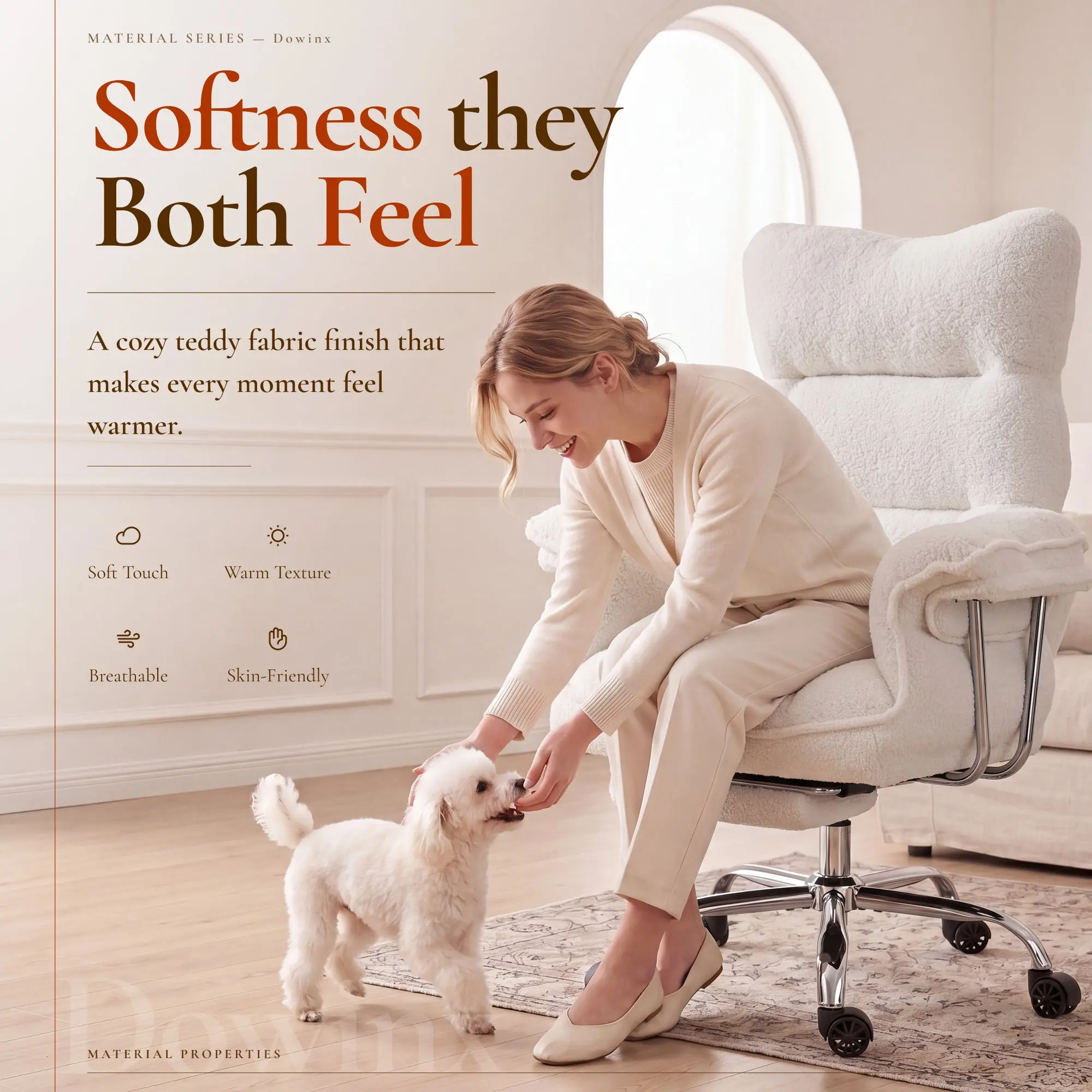 Dowinx 66B7 Big & Tall Office Chair with Footrest, Teddy Fabric Ergonomic Recliner - White - Image 3