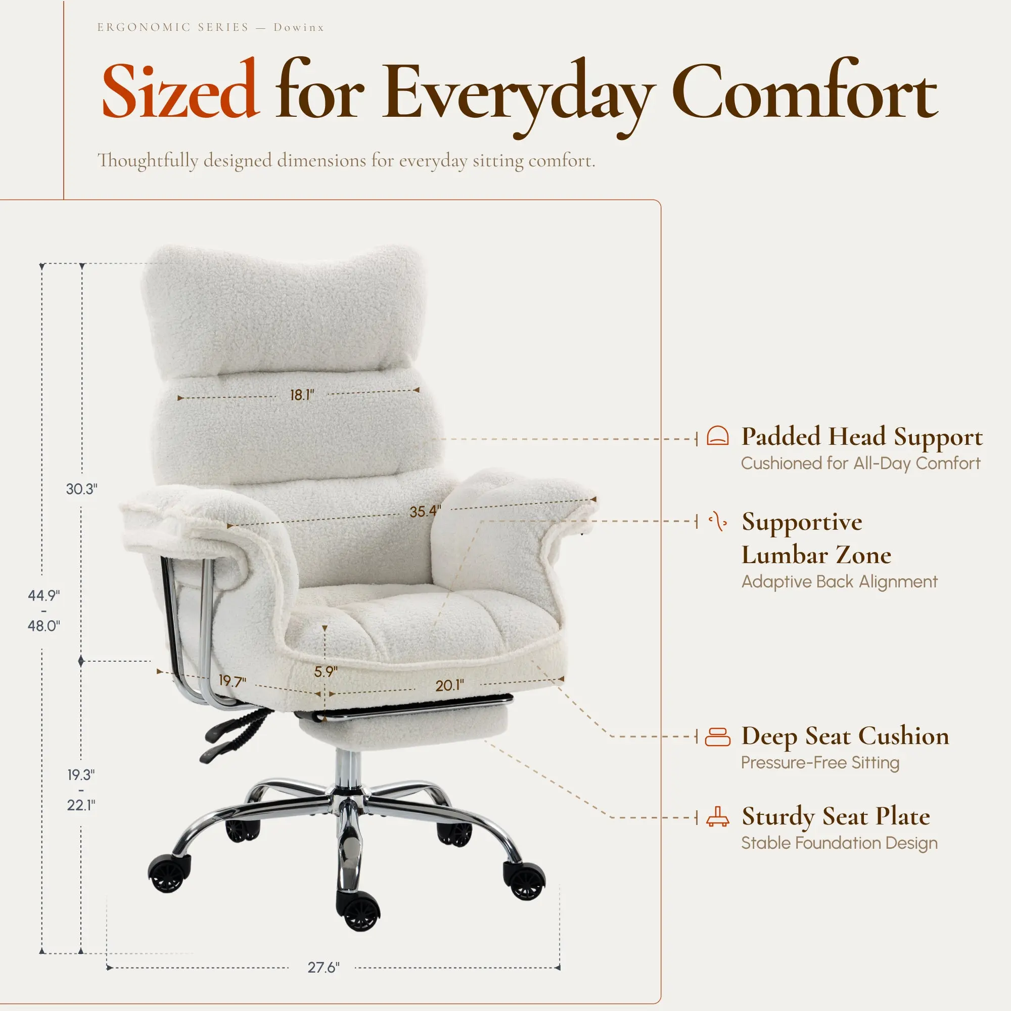 Dowinx 66B7 Big & Tall Office Chair with Footrest, Teddy Fabric Ergonomic Recliner - White - Image 8