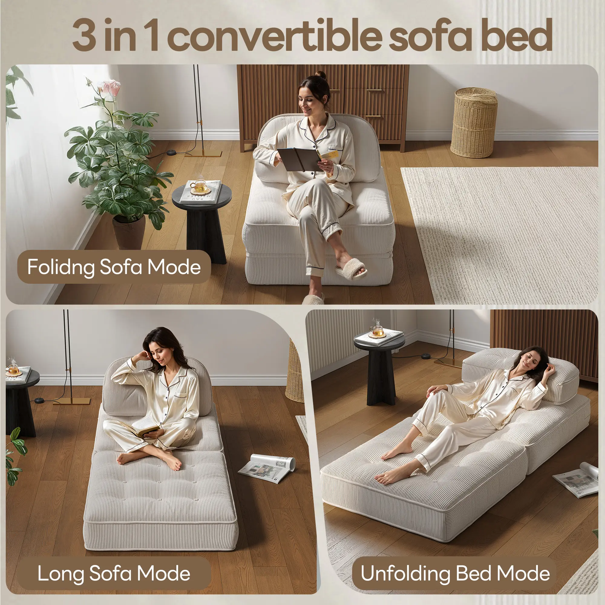 Dowinx Folding Sofa Bed with Pillow-Beige - Image 3