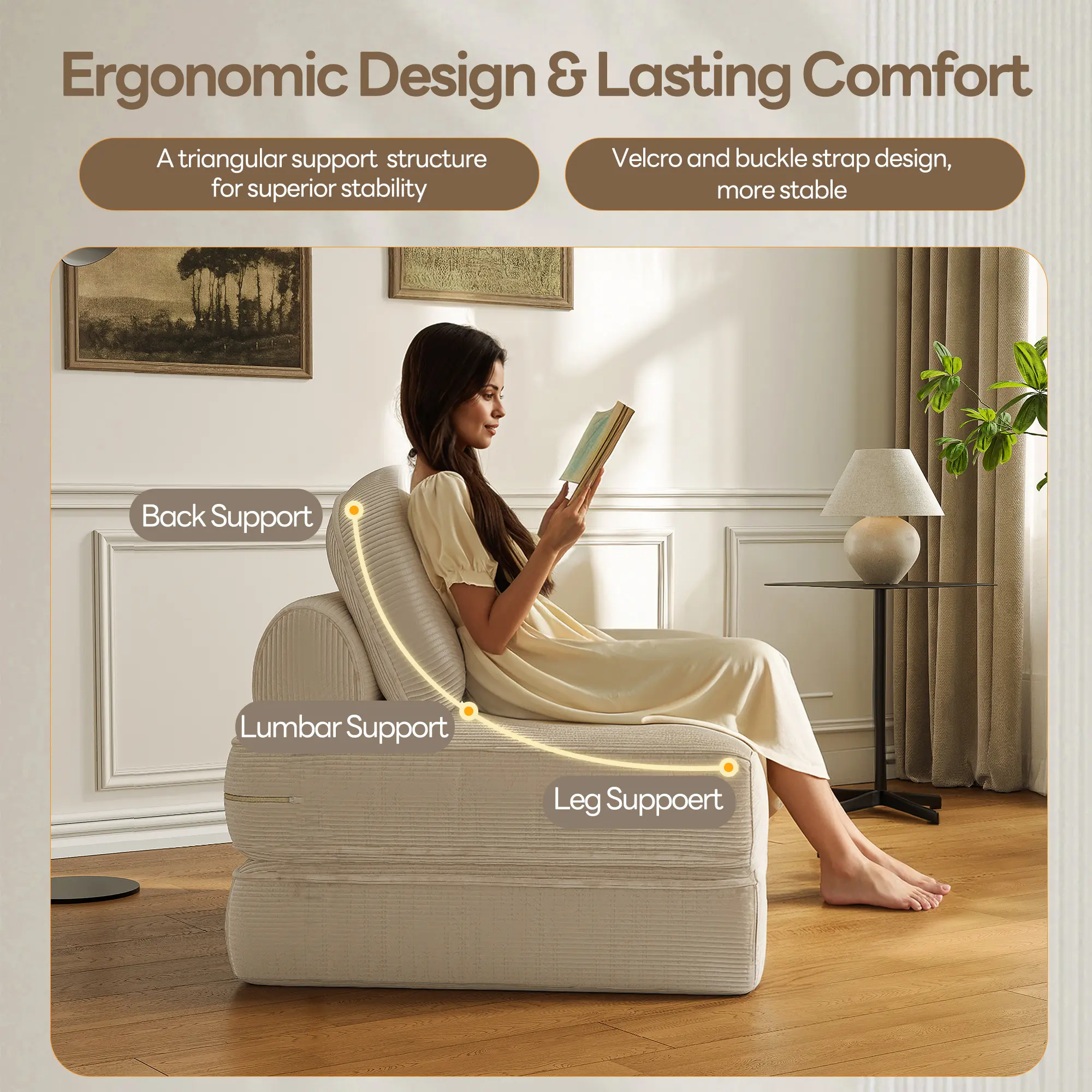 Dowinx Folding Sofa Bed with Pillow-Beige - Image 5