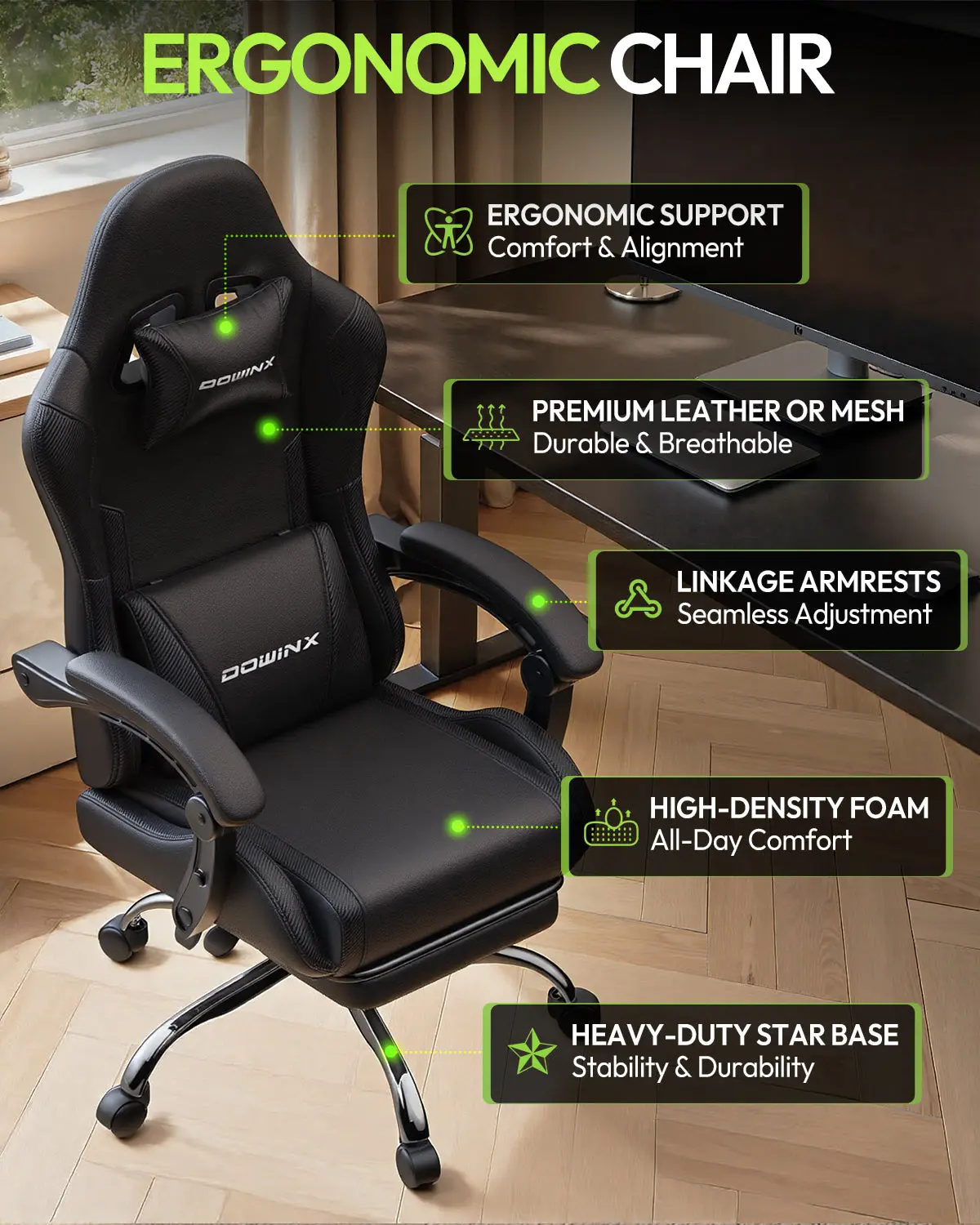 Dowinx Leather Gaming Chair LS-66D58J Black - Image 4