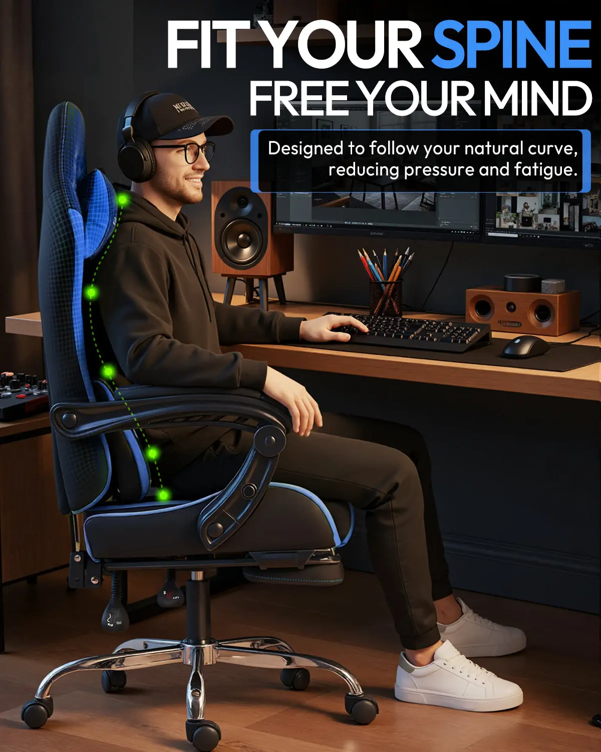 Dowinx Leather Gaming Chair LS-66D58J Black-Blue - Image 3