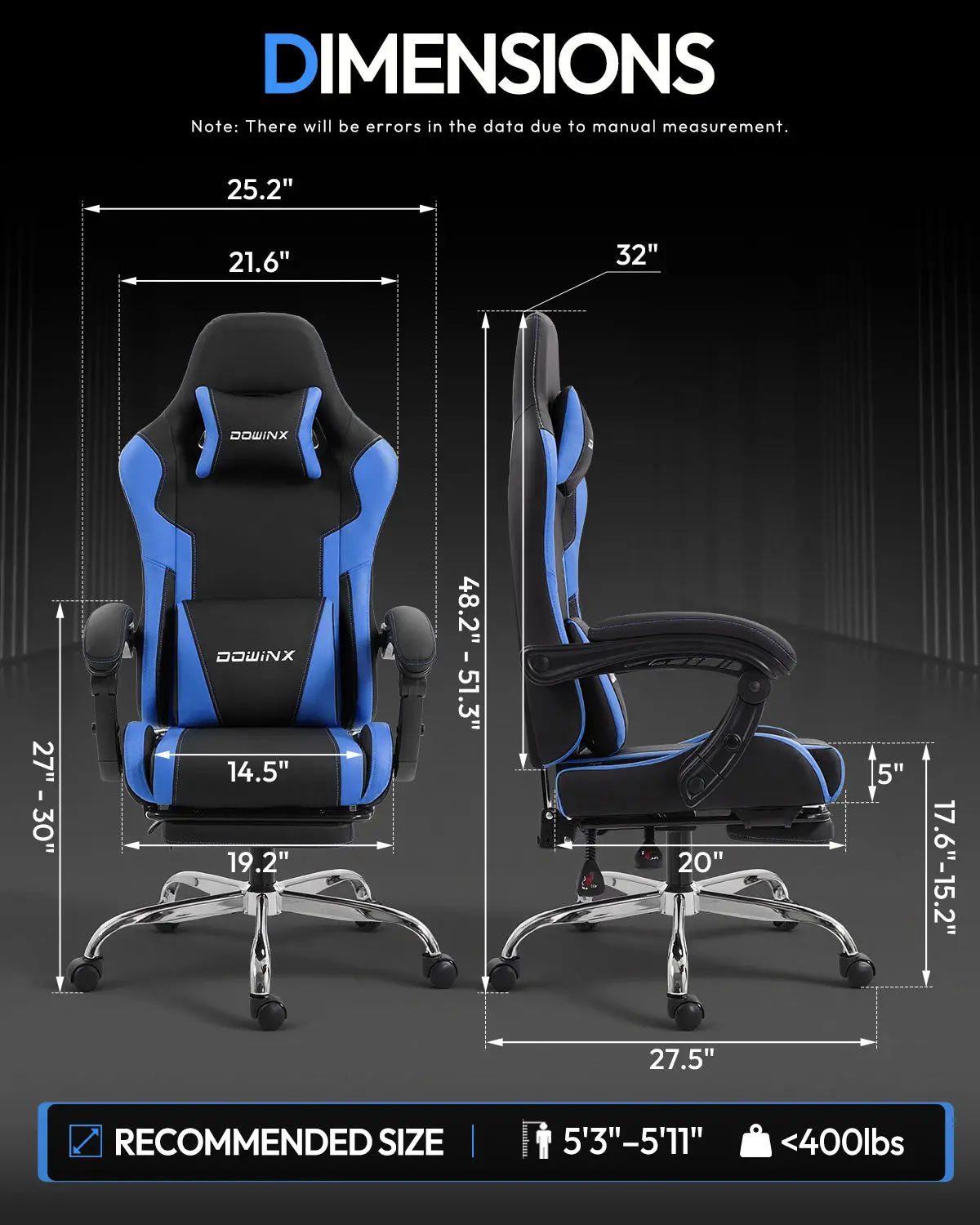 Dowinx Leather Gaming Chair LS-66D58J Black-Blue - Image 5