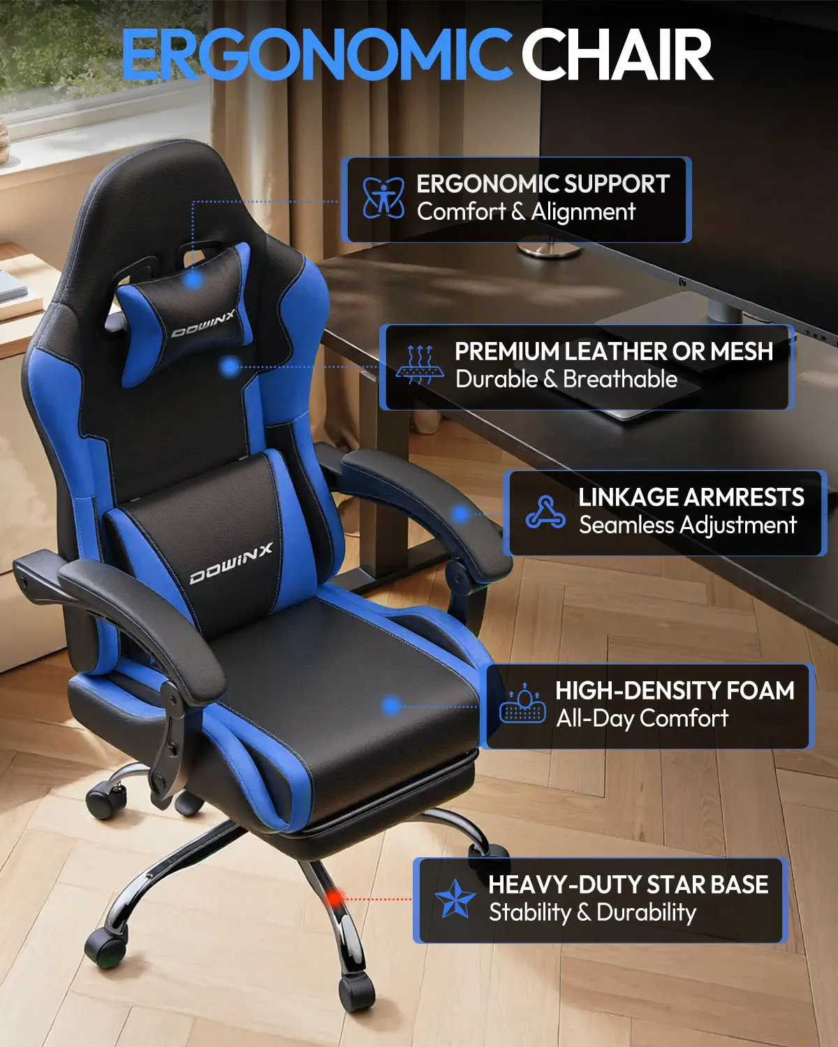 Dowinx Leather Gaming Chair LS-66D58J Black-Blue - Image 8