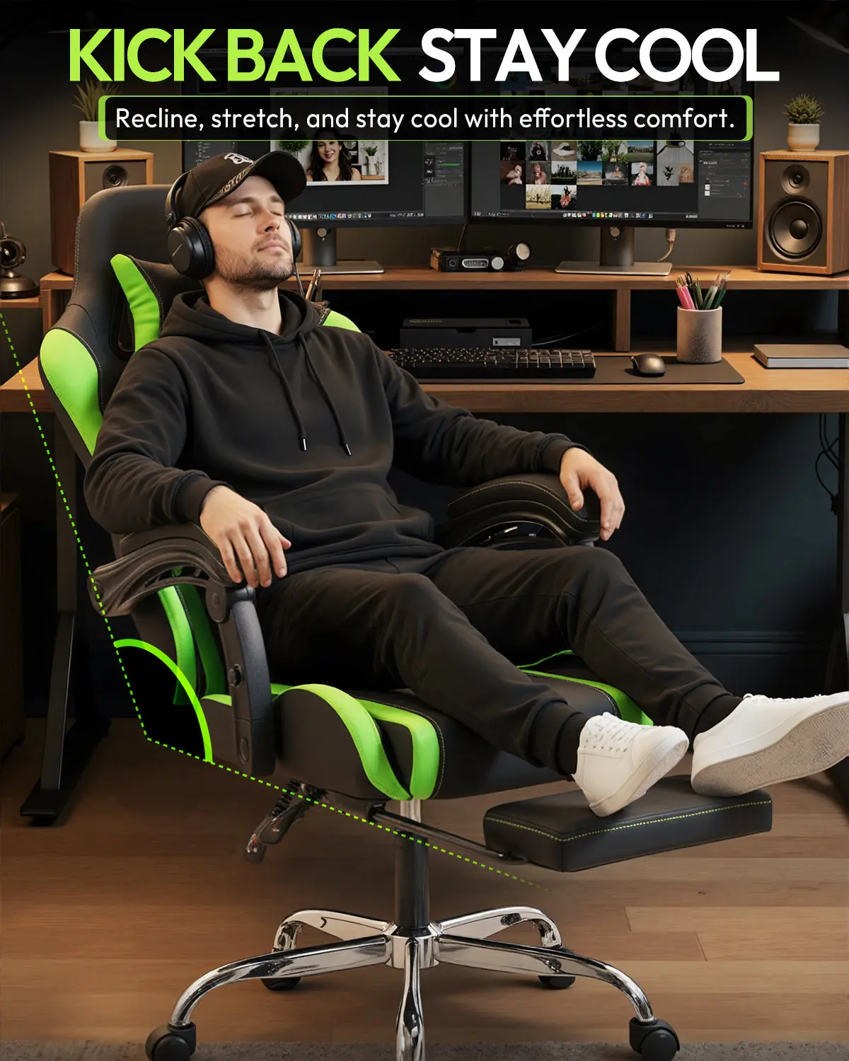 Dowinx Leather Gaming Chair LS-66D58J Black-Green | AM - Image 5