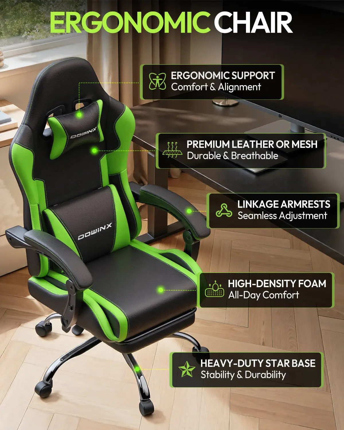 Dowinx Leather Gaming Chair LS-66D58J Black-Green | AM - Image 6