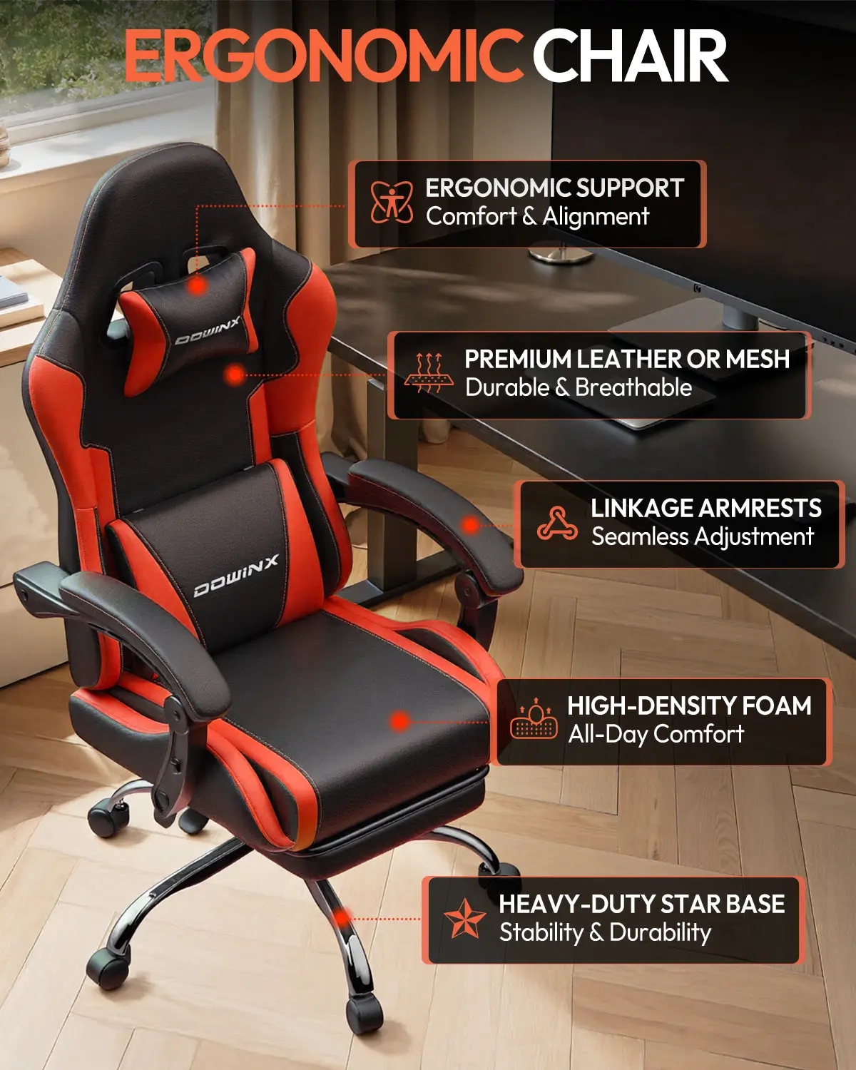 Dowinx Leather Gaming Chair LS-66D58J Black-red - Image 5
