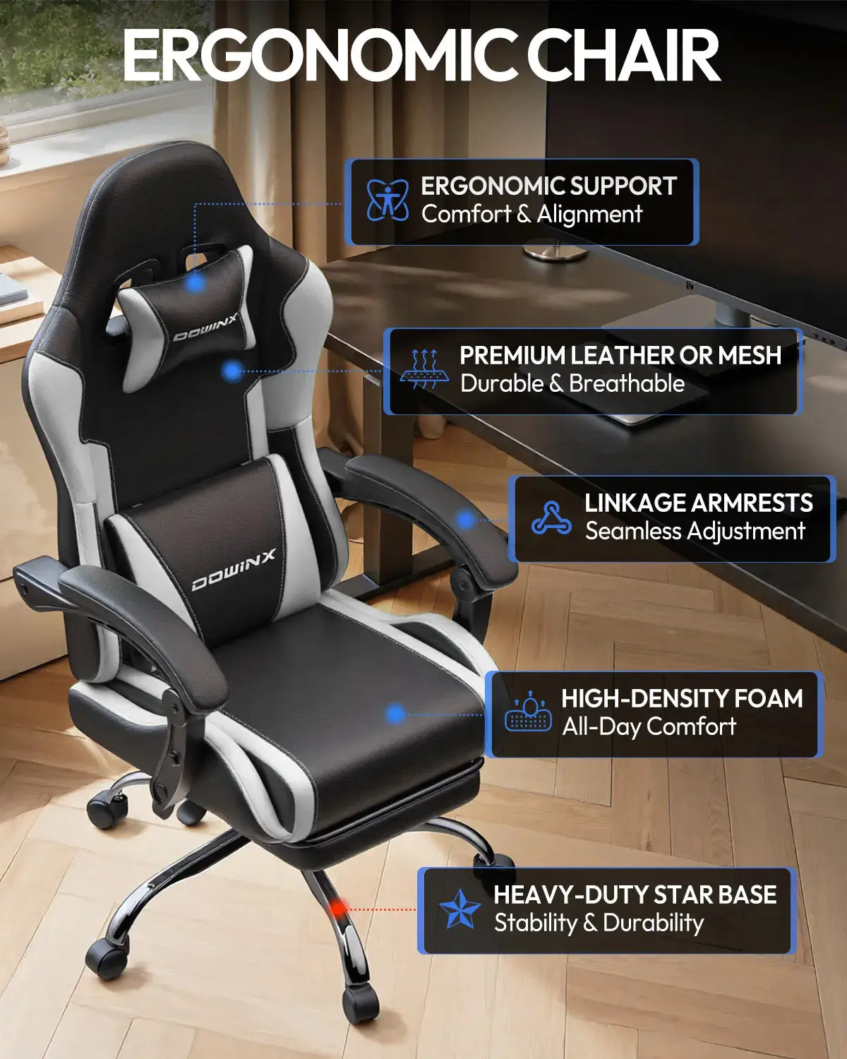 Dowinx Leather Gaming Chair LS-66D58J Black-white - Image 7