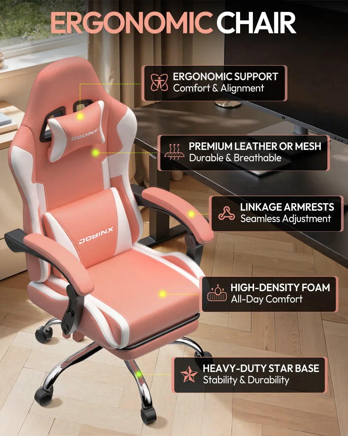 Dowinx Leather Gaming Chair LS-66D58J Pink-White | AM - Image 5