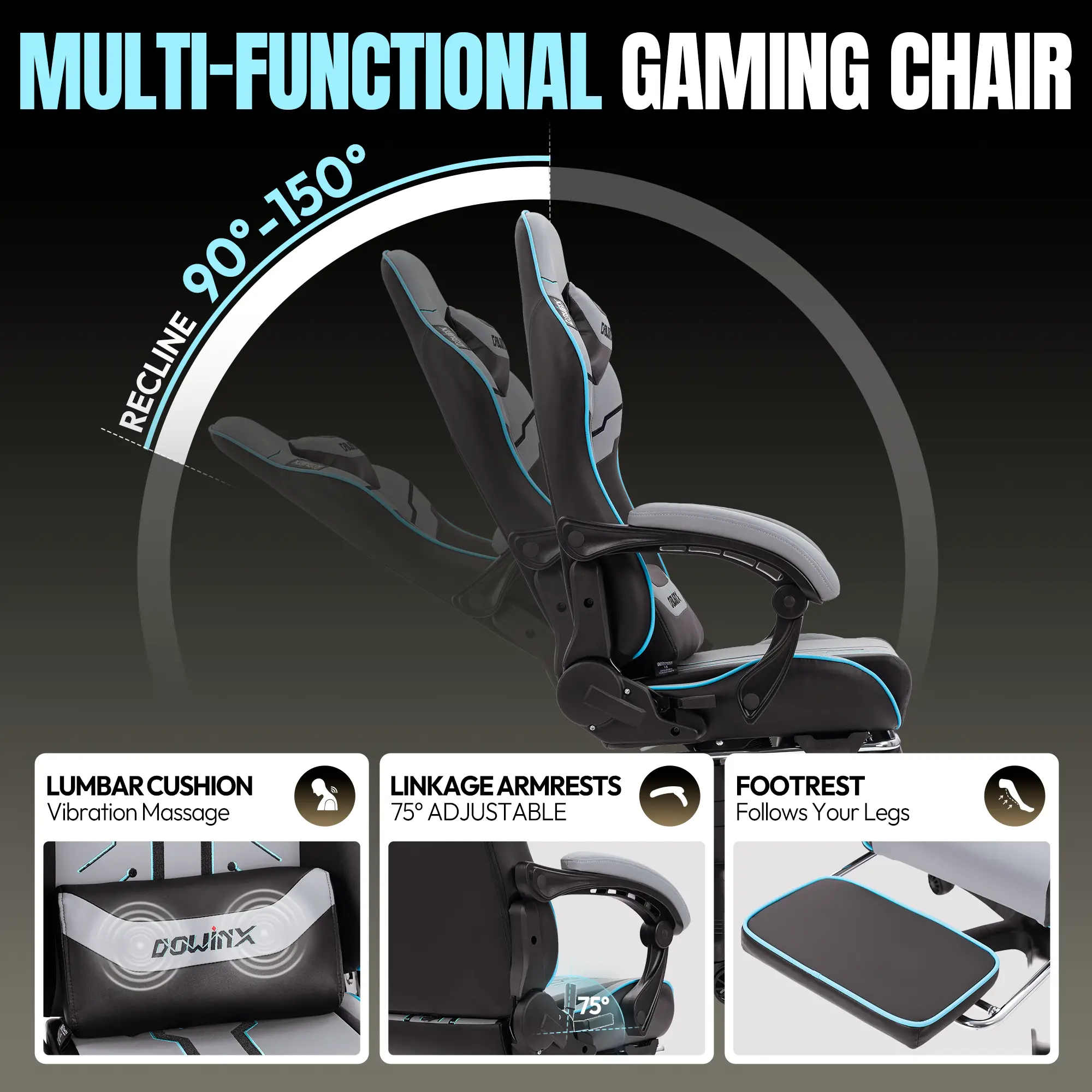 Dowinx Leather Gaming Chair LS-66D87 Grey - Image 7