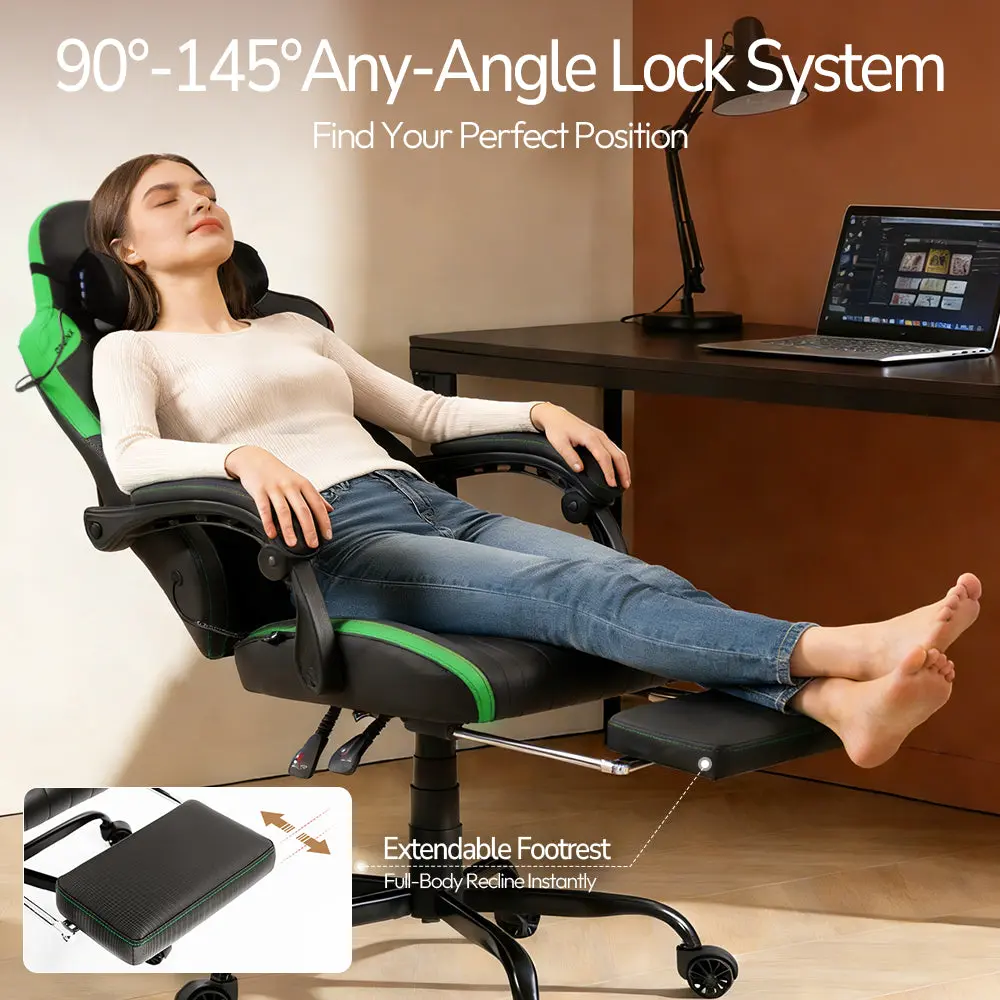 Dowinx Shiatsu Massage Gaming Chair with Footrest – Ergonomic Leather Recliner | 66D59A - Black & Green - Image 5