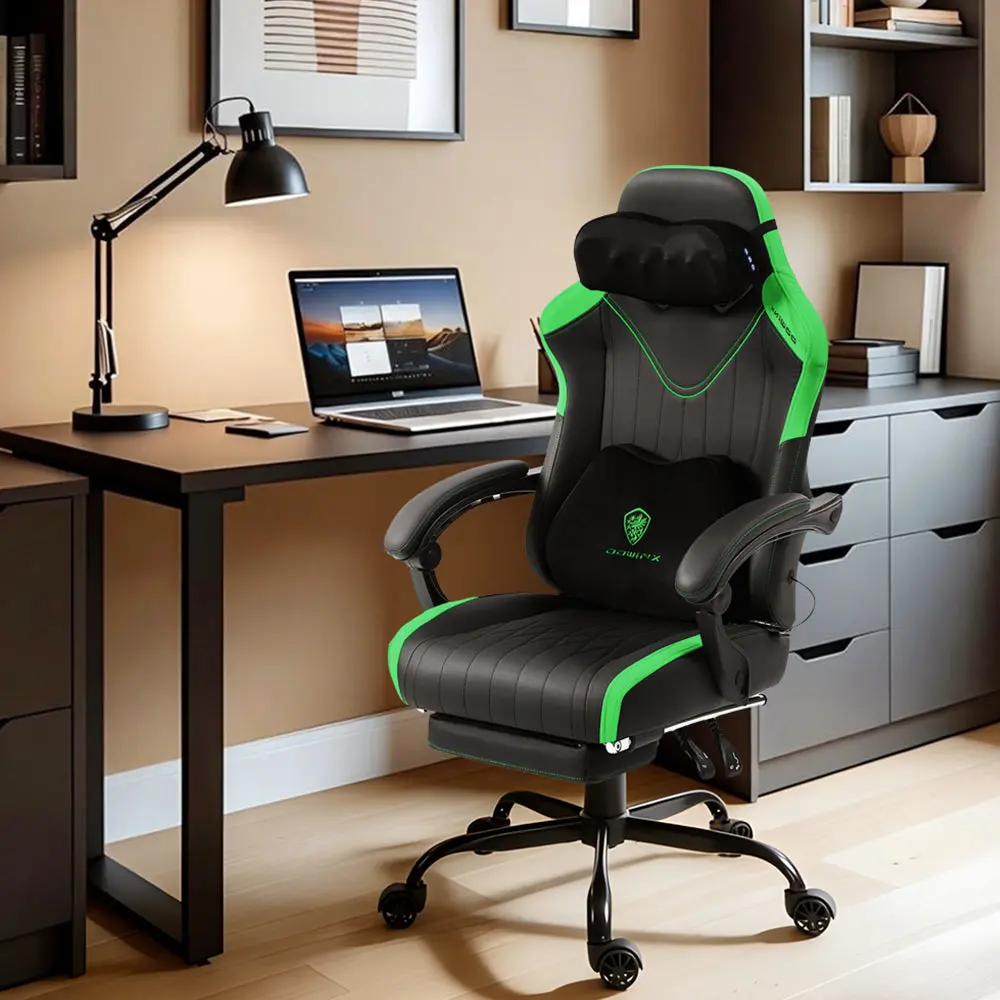 Dowinx Shiatsu Massage Gaming Chair with Footrest – Ergonomic Leather Recliner | 66D59A - Black & Green - Image 7