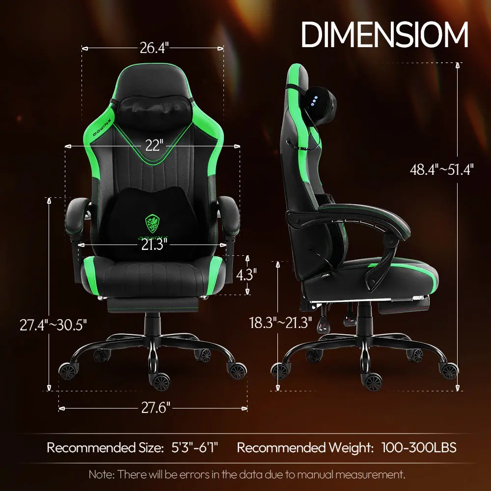Dowinx Shiatsu Massage Gaming Chair with Footrest – Ergonomic Leather Recliner | 66D59A - Black & Green - Image 8