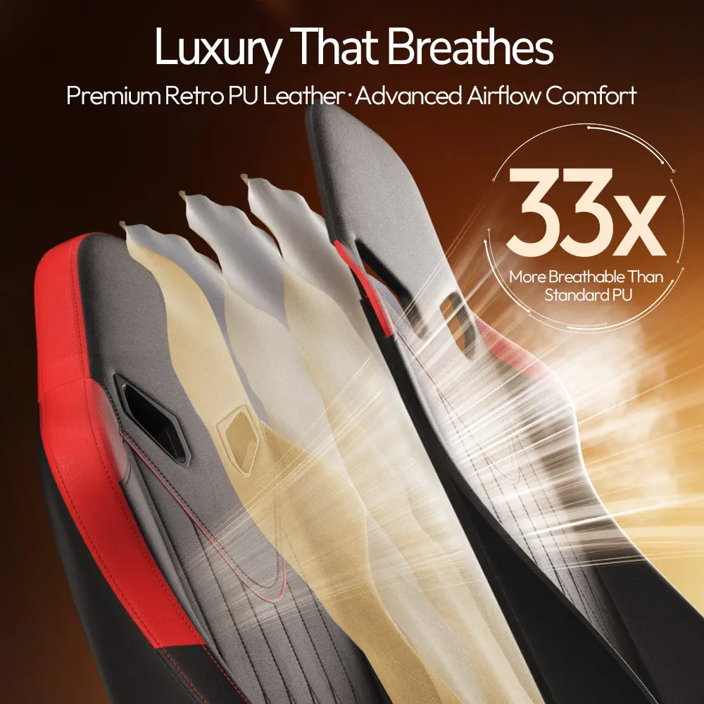 Dowinx Shiatsu Massage Gaming Chair with Footrest – Ergonomic Leather Recliner | 66D59A - Black & red - Image 4